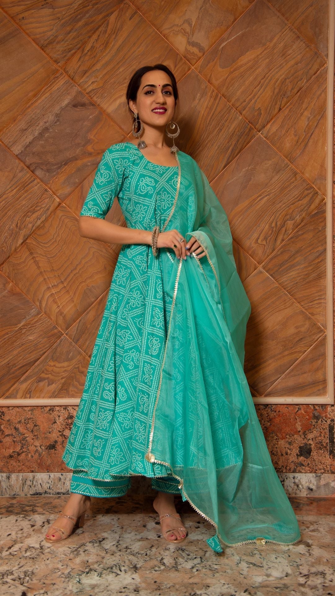 Pomcha Jaipur Bandhej Tiffany Blue Cotton Anarkali Set | Swadesiicart