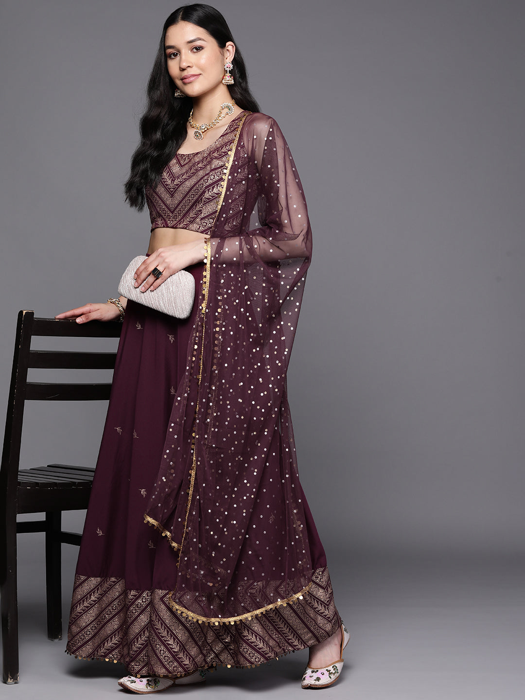 Indian Clothing Ahalyaa Purple & Gold-Toned Printed Sequinned Foil Print Ready to Wear Lehenga & Blouse With Dupatta | Swadesiicart