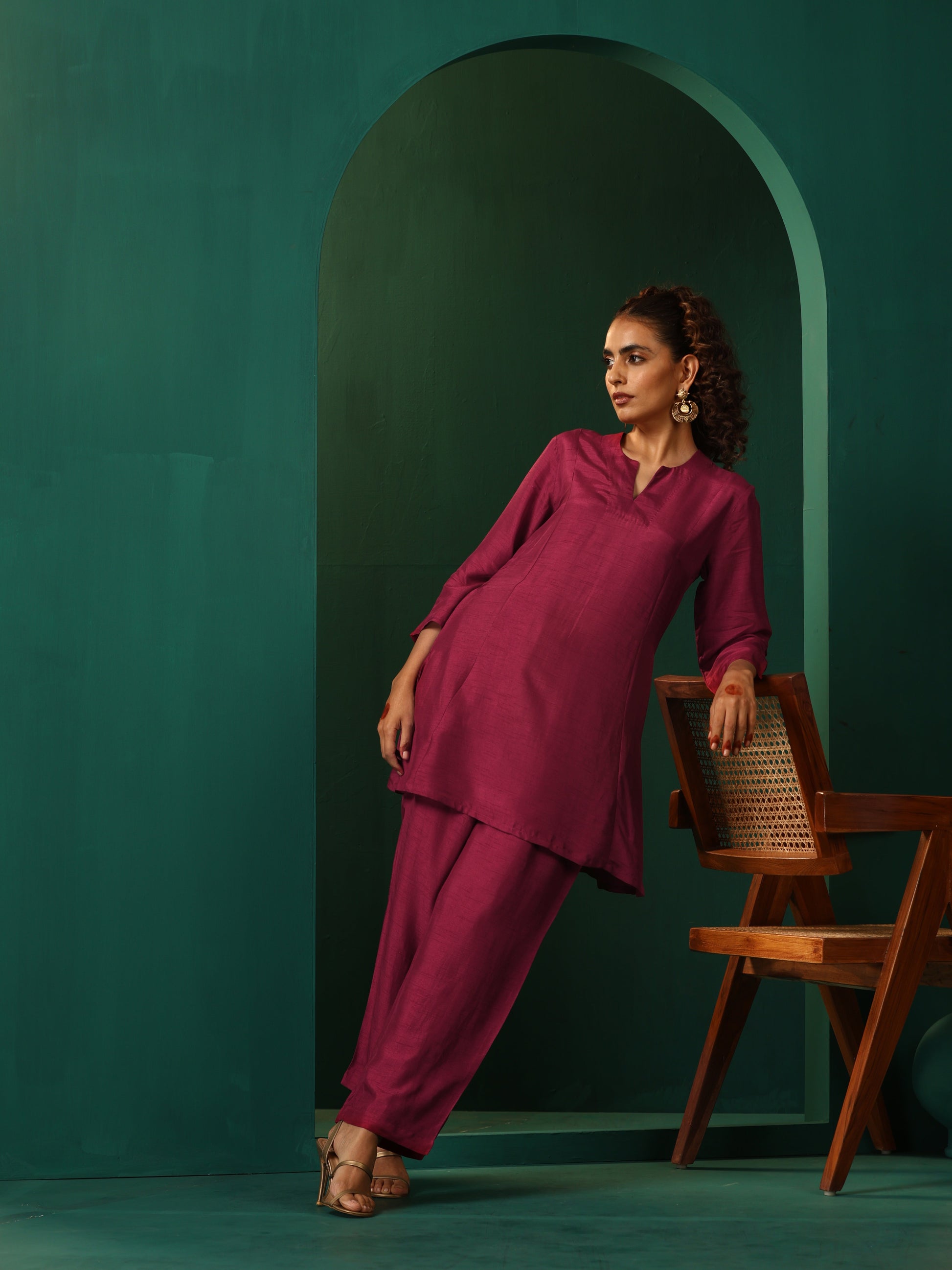 trueBrowns Maroon Silk Relaxed Co-ord Set - Swadesiicart