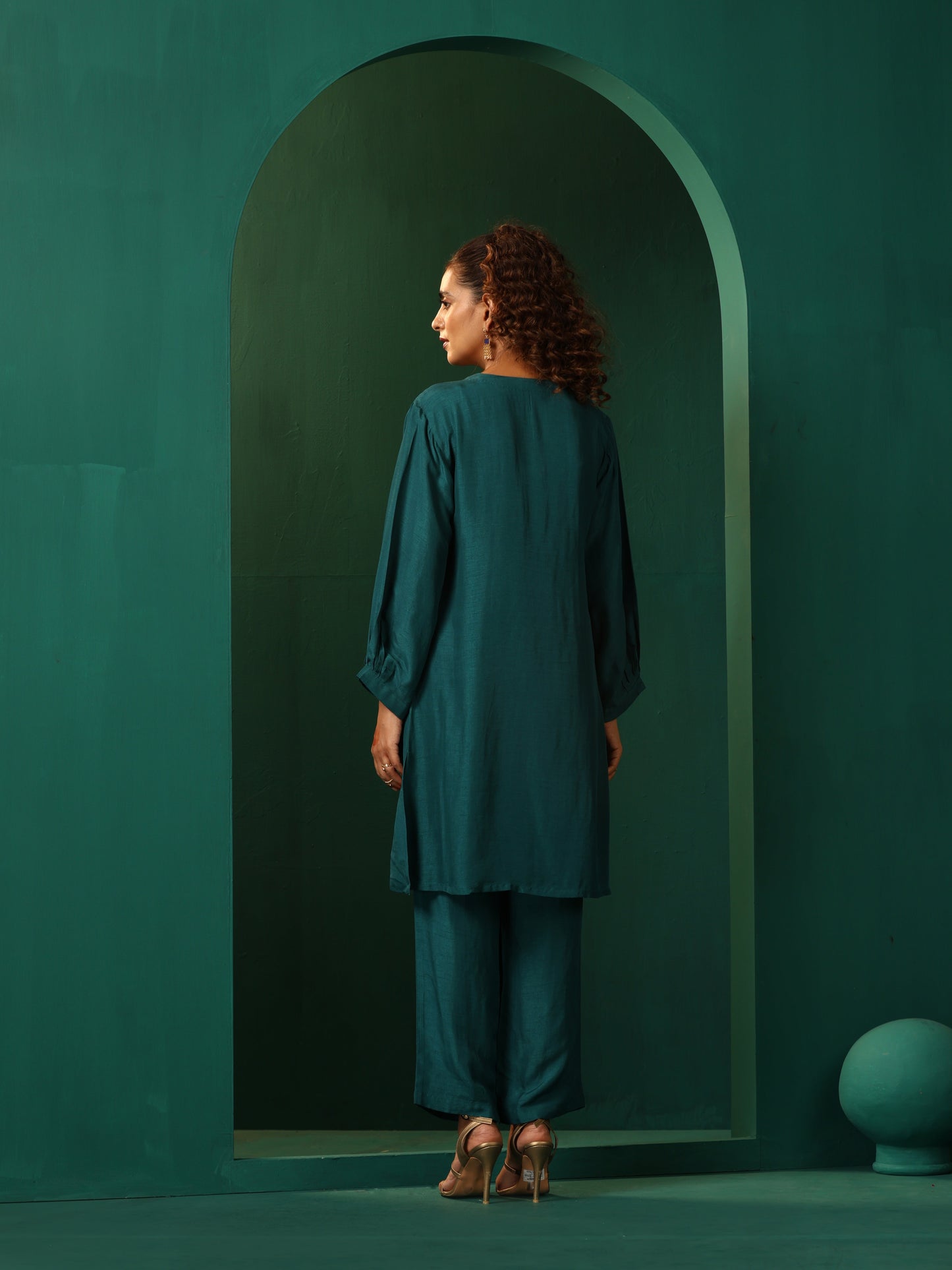 trueBrowns Teal Silk Relaxed Placket Co-ord Set - Swadesiicart