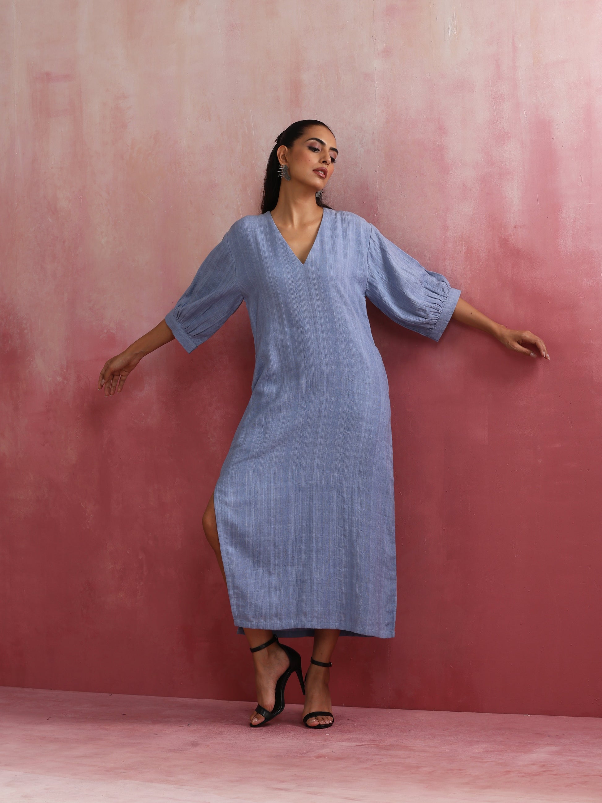trueBrowns Sky Blue Cotton Dobby Dress | Swadesiicart