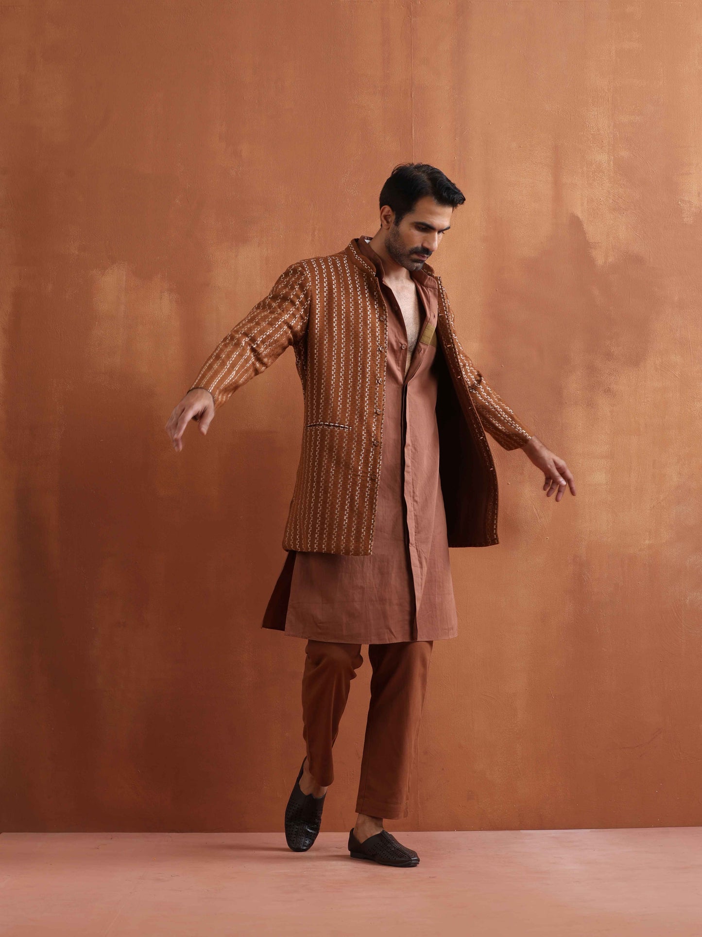 trueBrowns Men's Brown Cotton Dobby Long Jacket | Swadesiicart