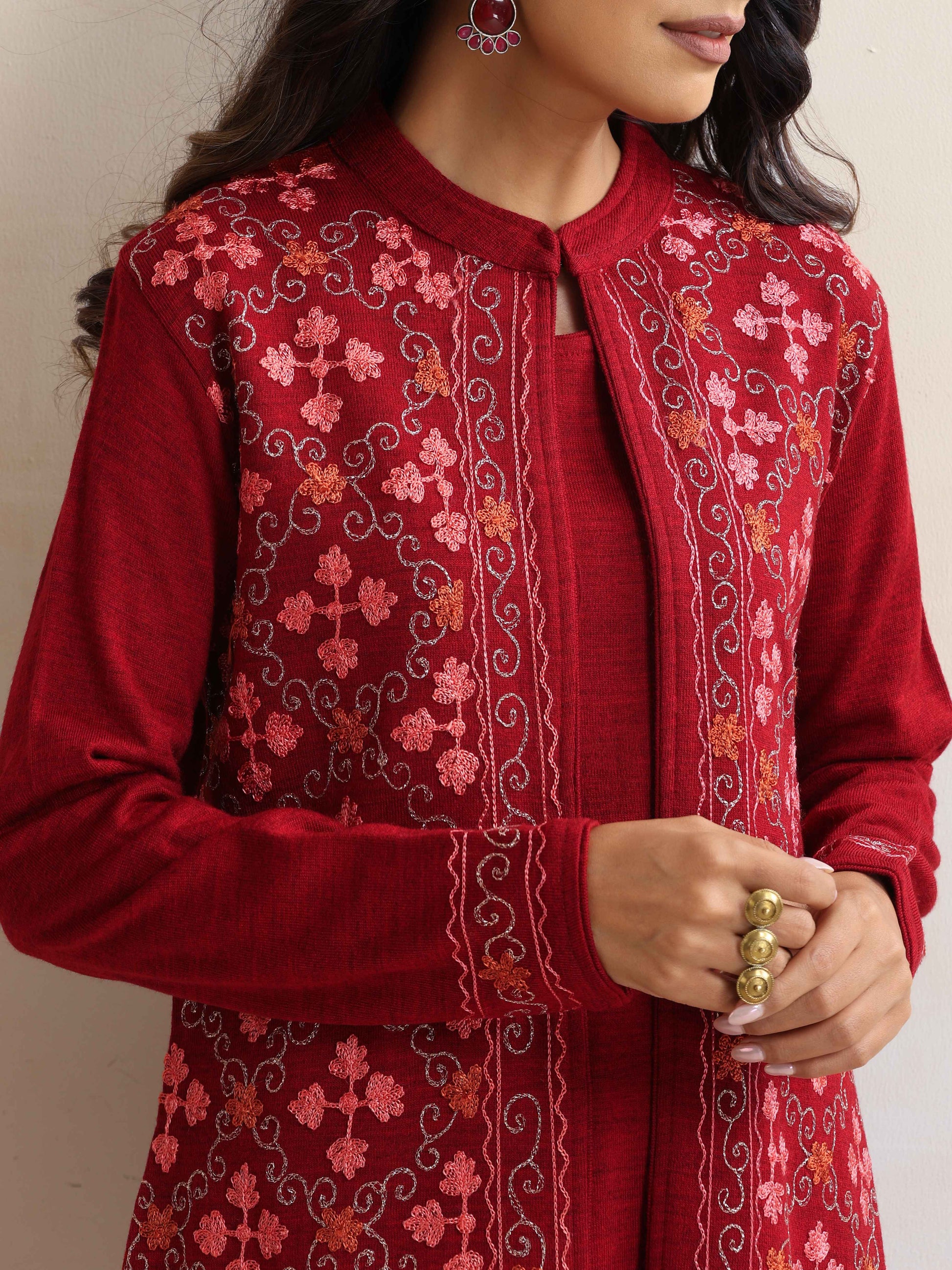 trueBrowns Maroon Kashmiri Woollen Jacket 3pc Set | Swadesiicart