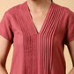 trueBrowns Cotton Linen Rust Red Pleated Dress | Swadesiicart