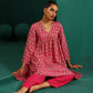 trueBrowns Pink Leaf Muslin Silk Printed Yoke Gathered Co-ord Set - Swadesiicart