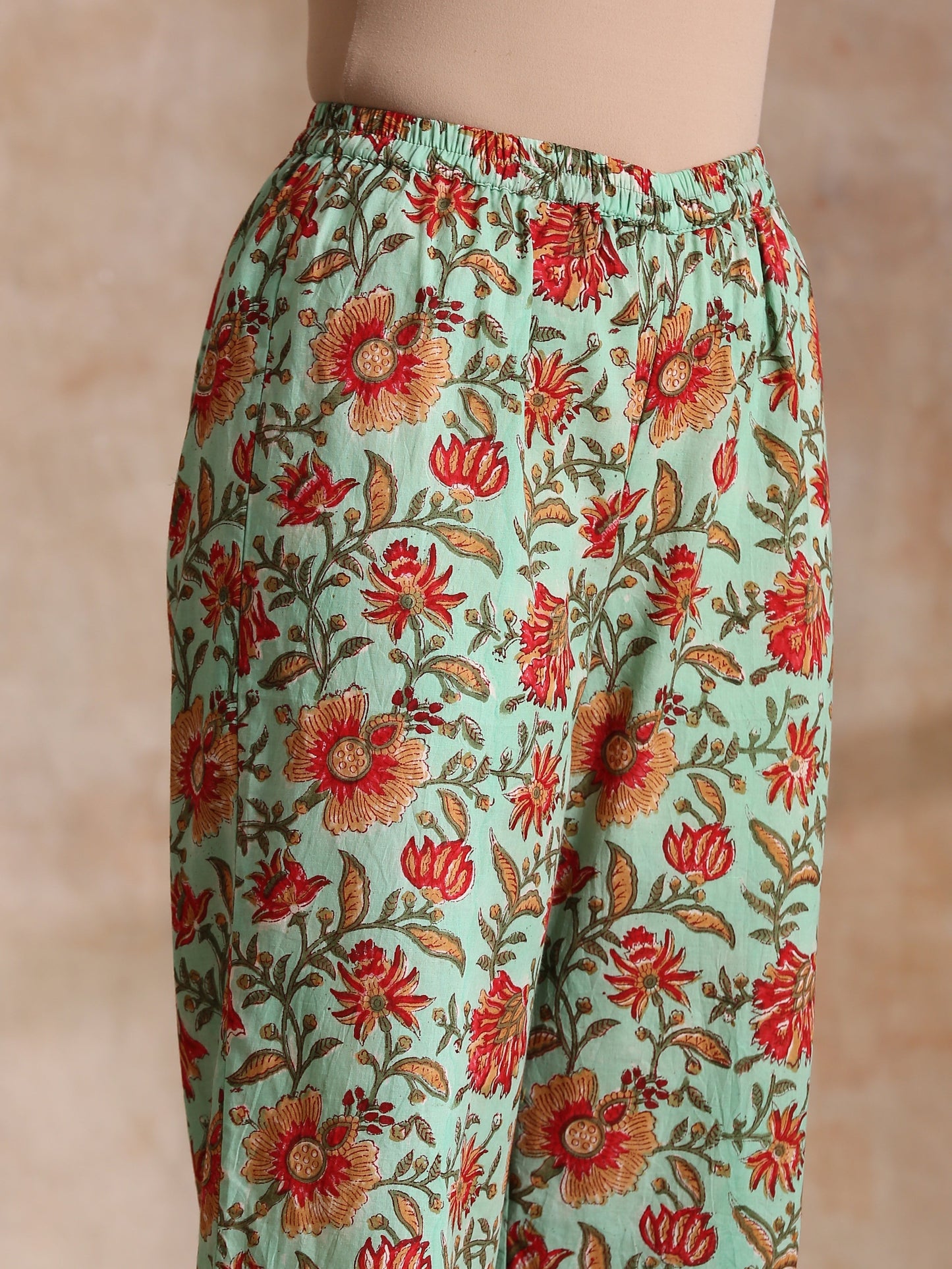 trueBrowns Seafoam Green Overall Floral Block Print Cotton Angrakha Pant Set | Swadesiicart