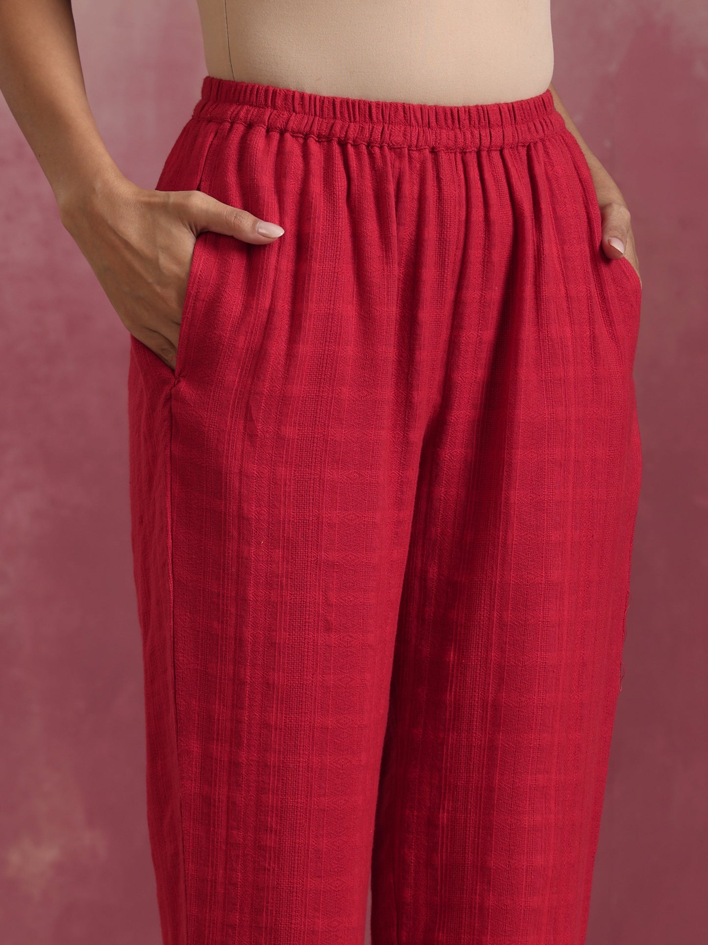 trueBrowns Red Cotton Dobby Kurta Co-ord set - Swadesiicart