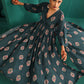 trueBrowns Deep Blue Floral Bunch Muslin Silk Printed V-Neck Waist Gathered Kurta Pant Set | Swadesiicart