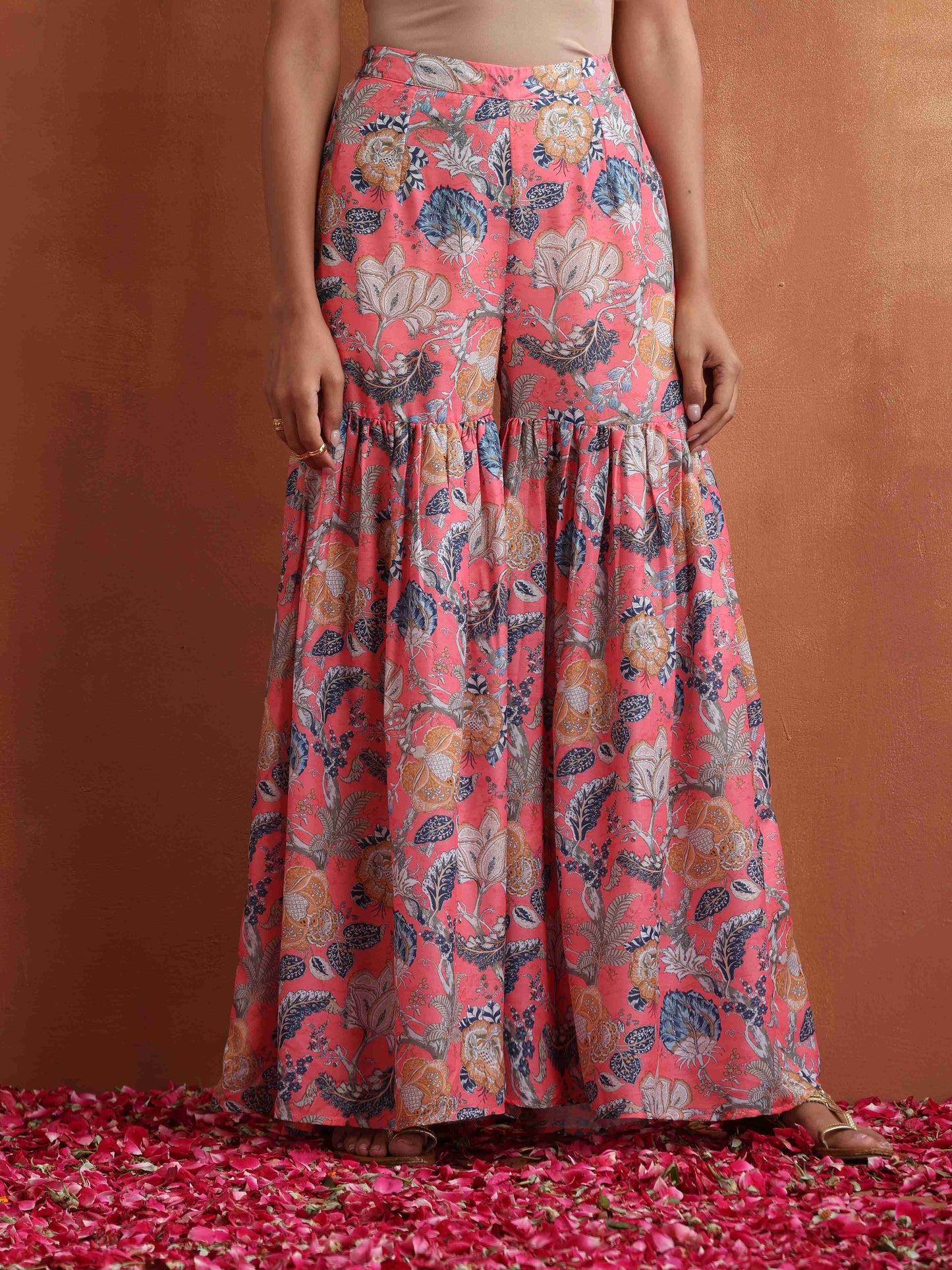 trueBrowns Orange Print Sharara Set | Swadesiicart
