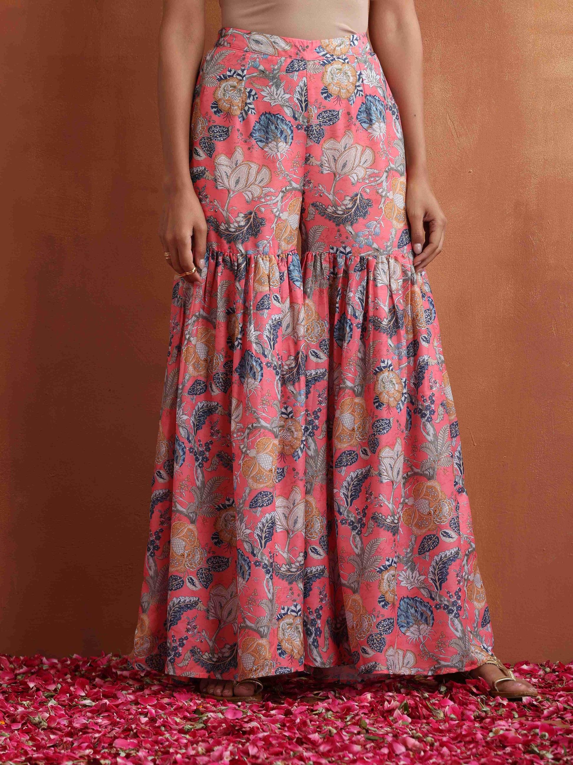 trueBrowns Orange Print Sharara Set | Swadesiicart