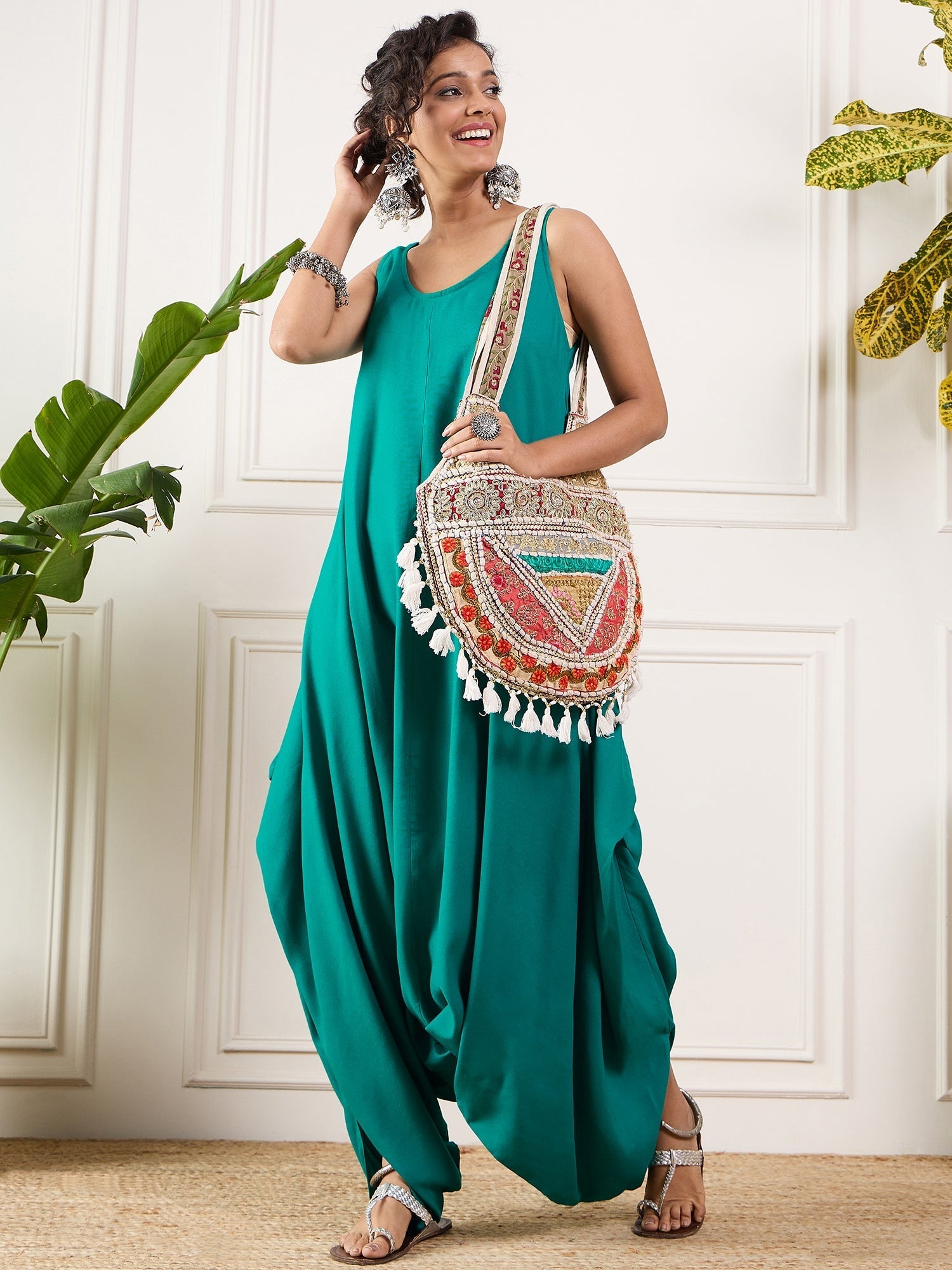 InWeave Teal Round Sleeveless Jumpsuit - Swadesiicart