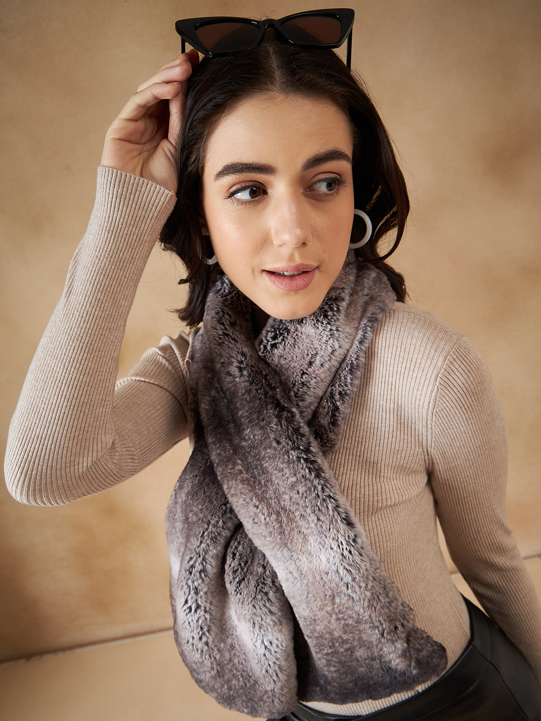InWeave Women's Dark Grey Double Shade Faux Fur Neck Warmer - Swadesiicart