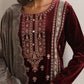 trueBrowns Maroon Velvet Embroidered Kurta Pant Dupatta Set | Swadesiicart