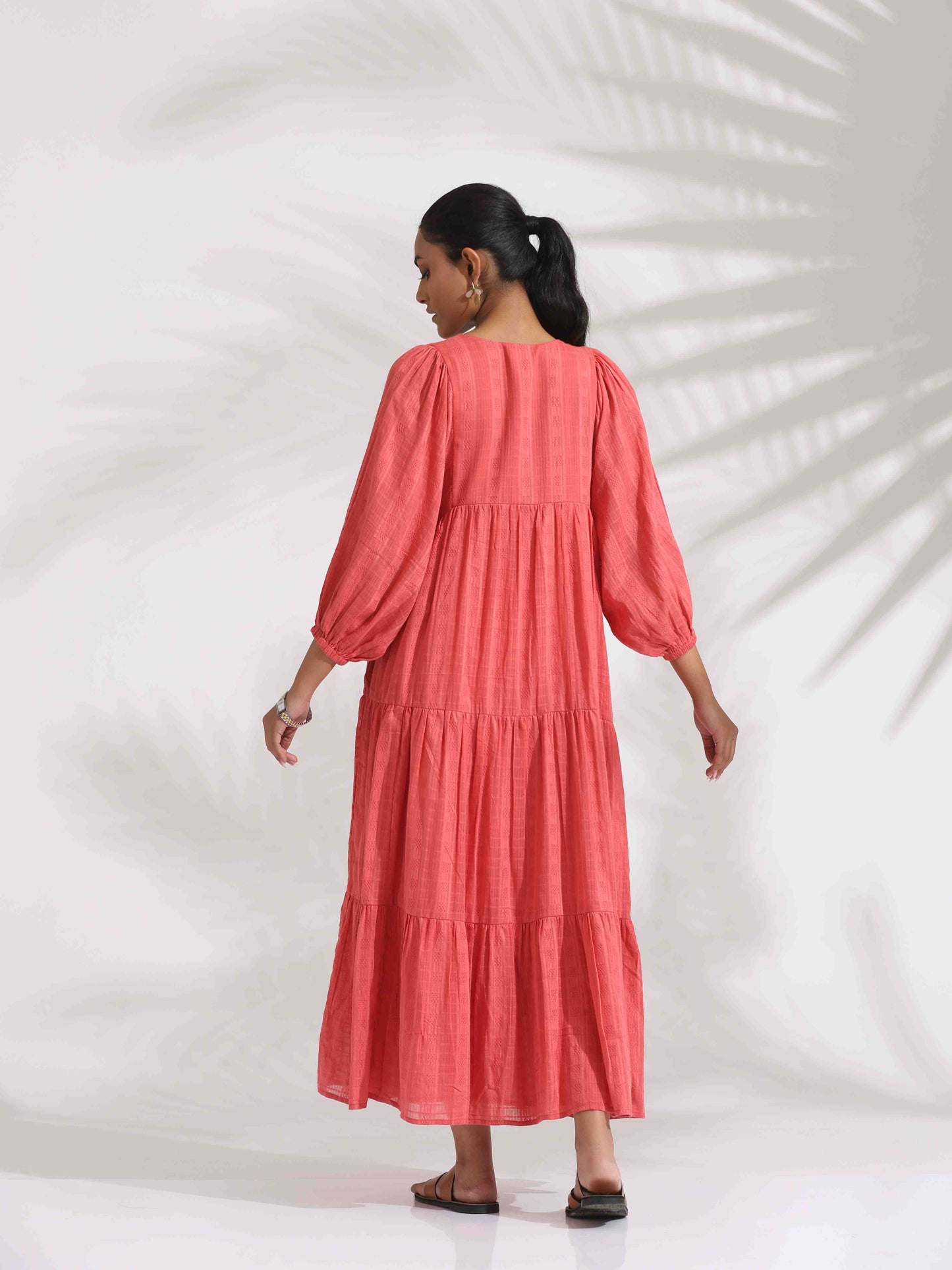 trueBrowns Pink Cotton Tier Dress | Swadesiicart