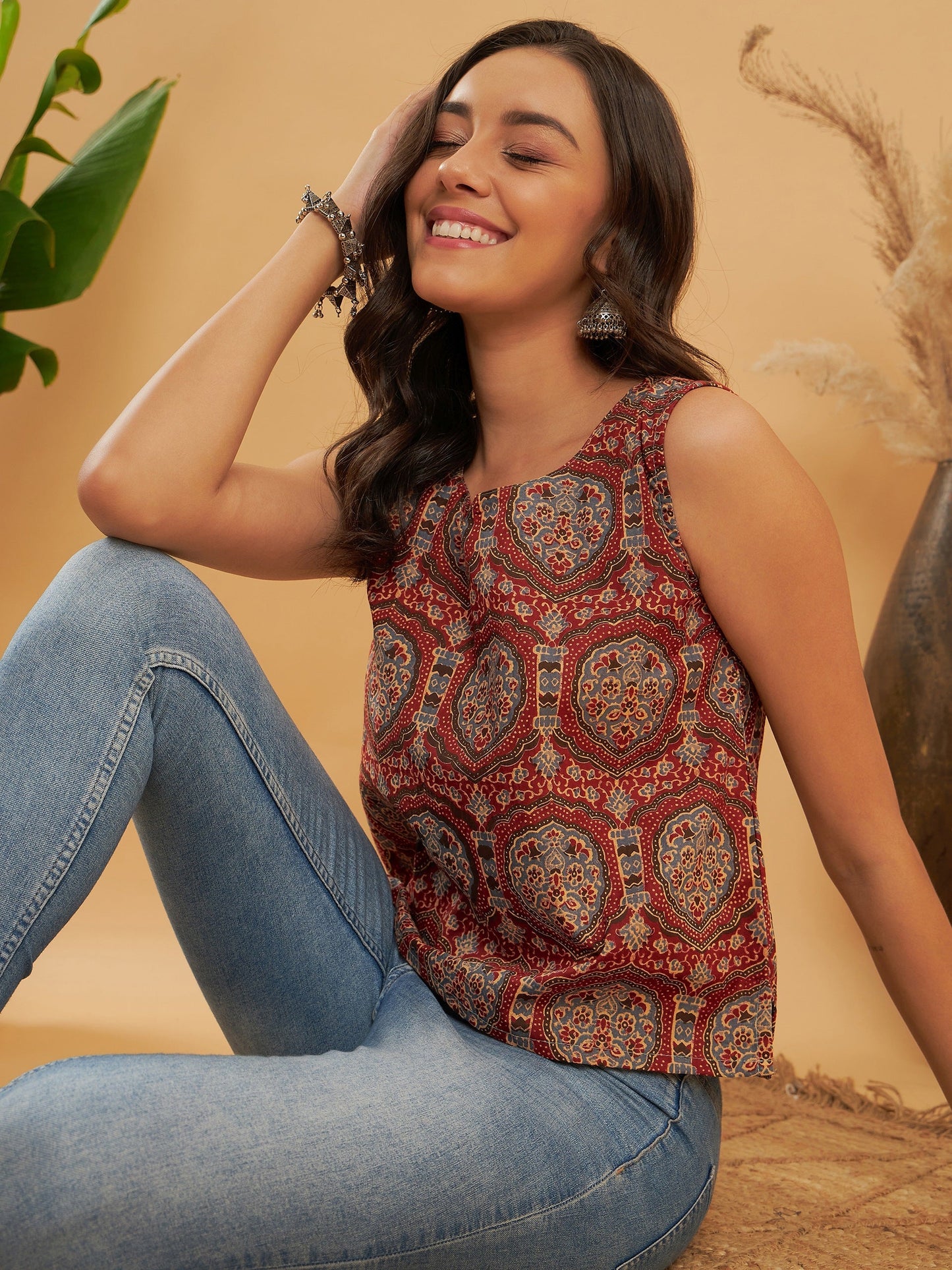 InWeave Maroon Mughal Kalamkari Top - Swadesiicart