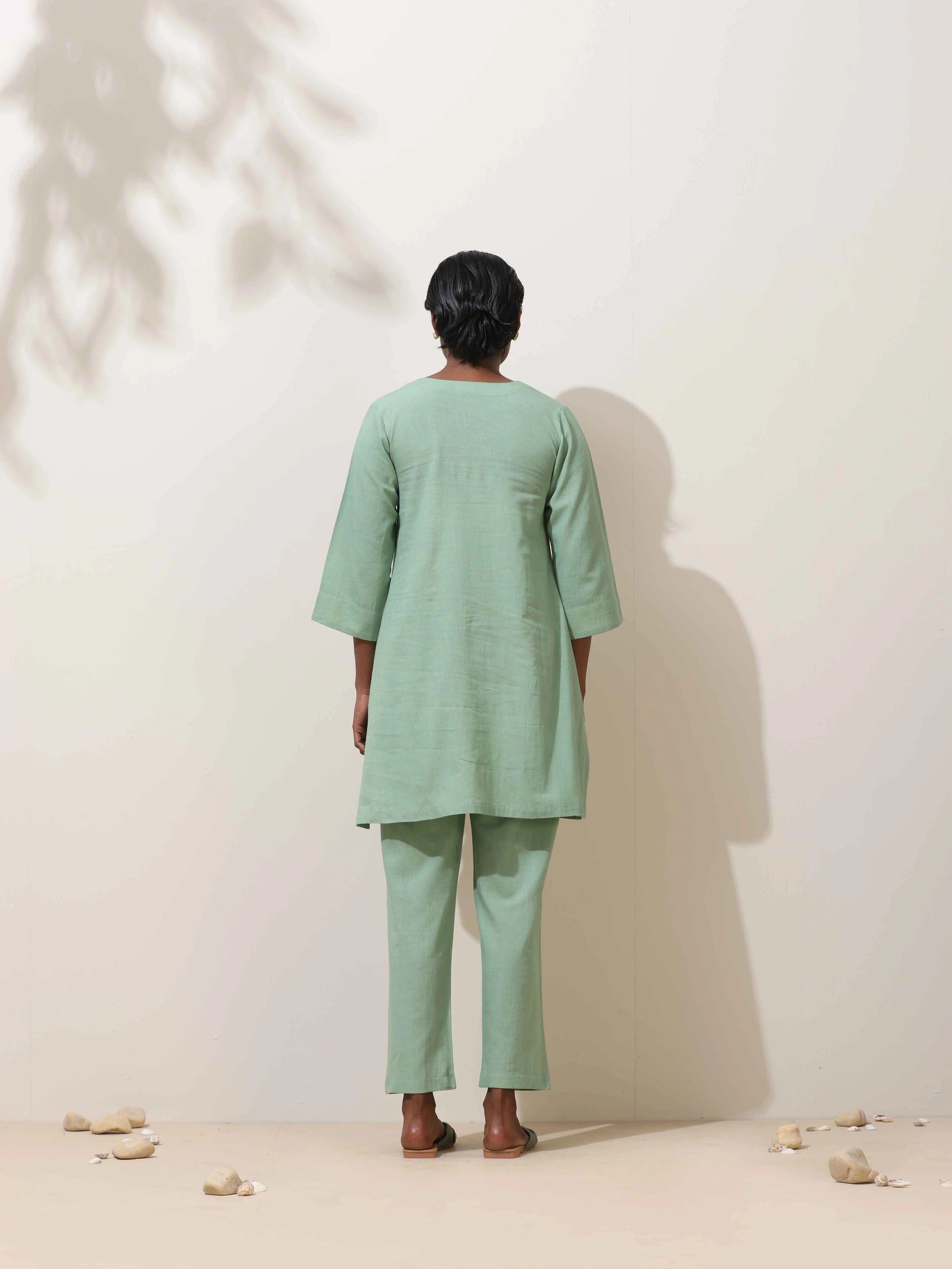 trueBrowns Mint Green Cotton Linen Kurta Co-Ord Set - Swadesiicart