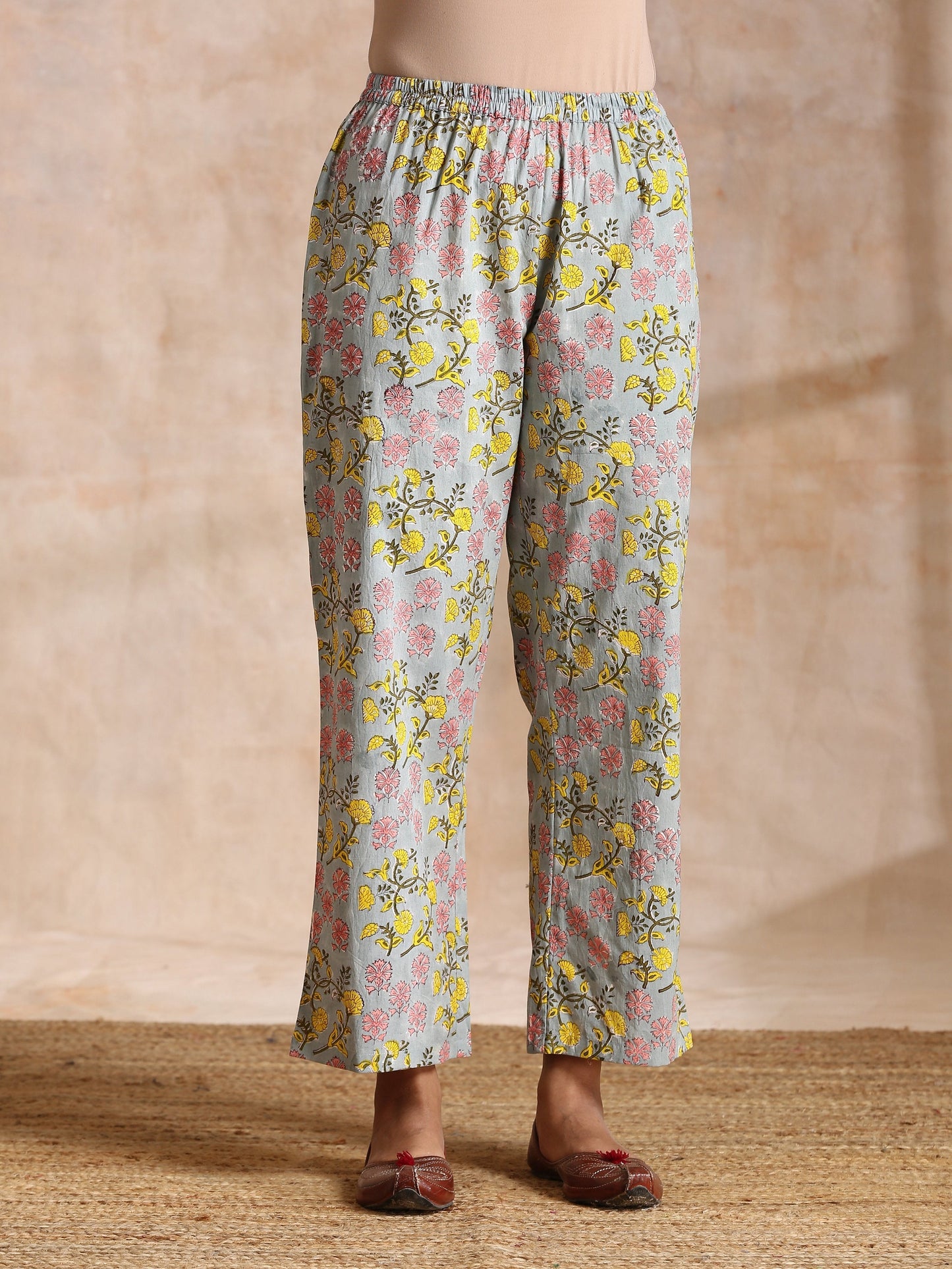 trueBrowns Grey Overall Floral Block Print Cotton Angrakha Kurta Pant Set | Swadesiicart