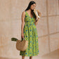 trueBrowns Lime Green Overall Teal Floral Block Print Cotton Sleeveless Wrap Dress | Swadesiicart
