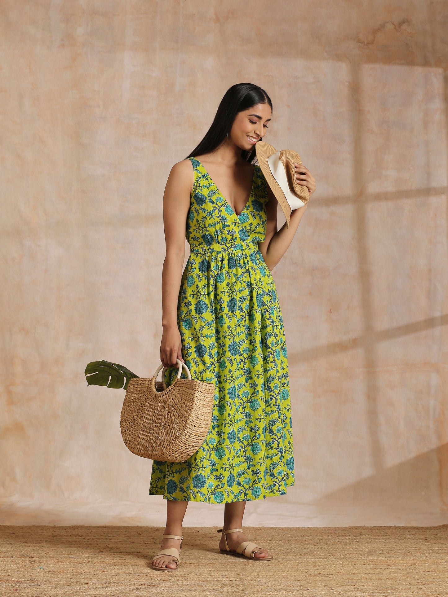 trueBrowns Lime Green Overall Teal Floral Block Print Cotton Sleeveless Wrap Dress | Swadesiicart