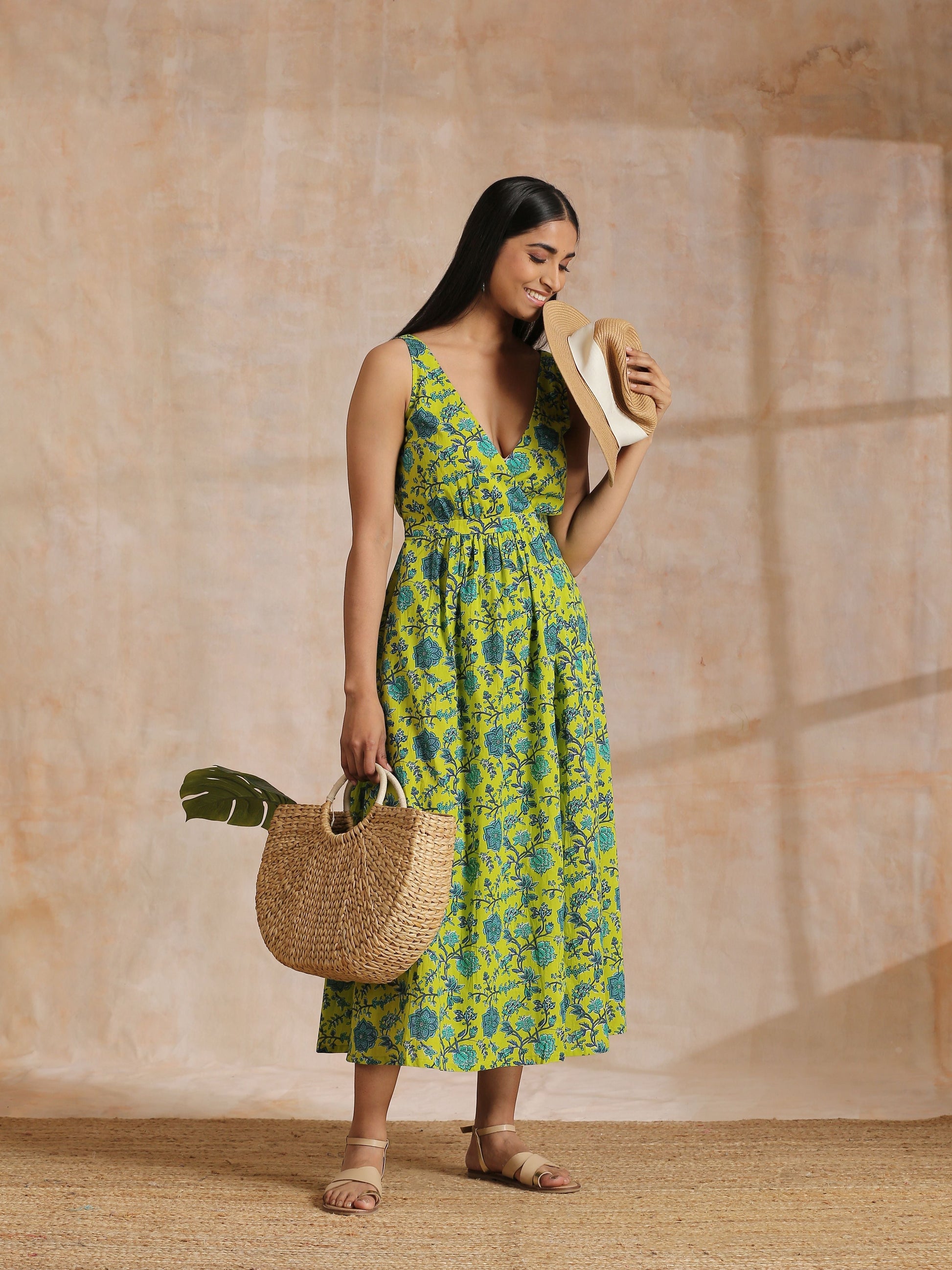 trueBrowns Lime Green Overall Teal Floral Block Print Cotton Sleeveless Wrap Dress | Swadesiicart