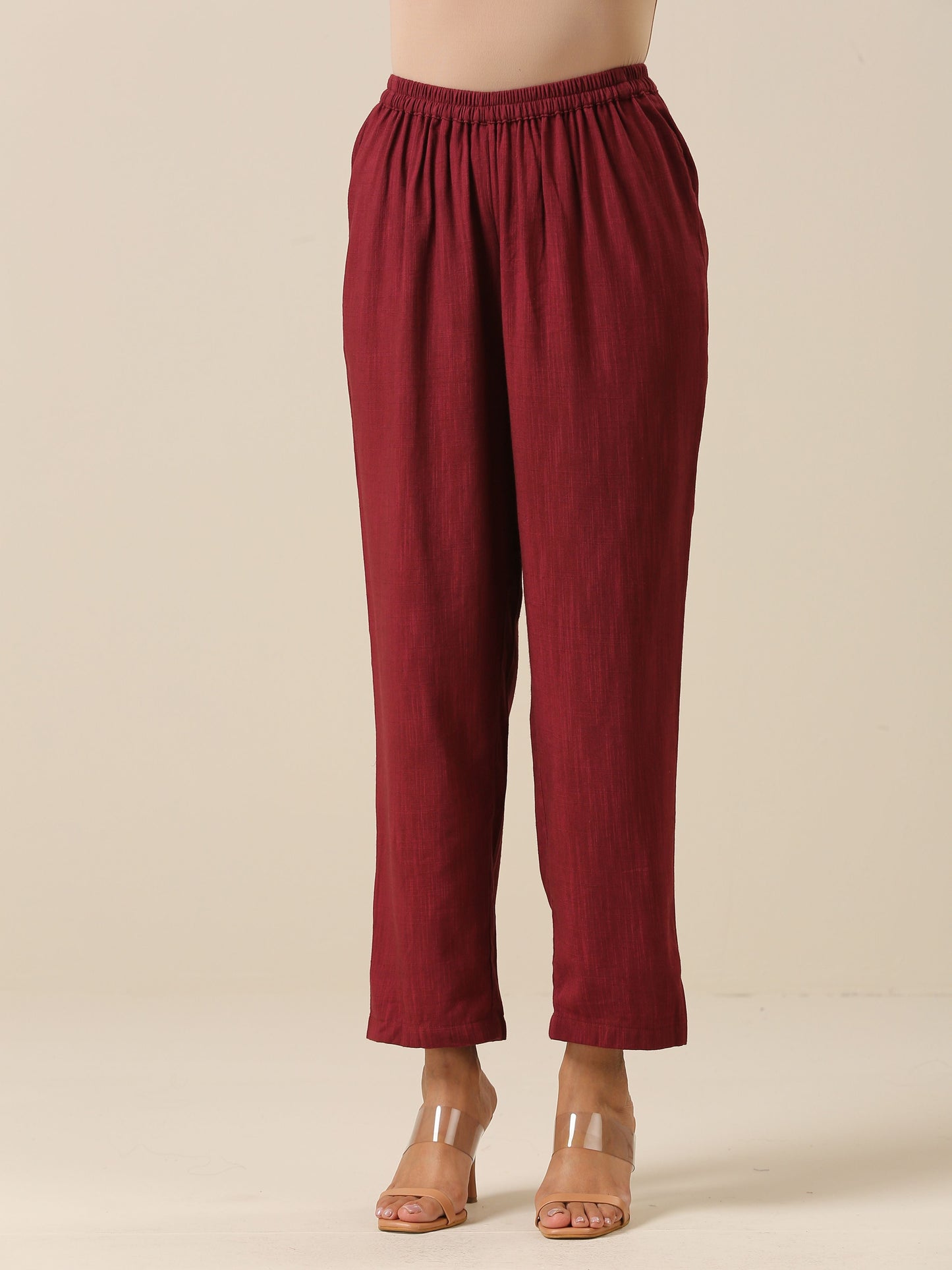 trueBrowns Ruby Wine Slub Texture High Low Kaftan Pant Set | Relove | Swadesiicart