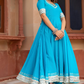 Pomcha Jaipur Kalamkari Blue Pure Cotton Anarkali Set | Swadesiicart