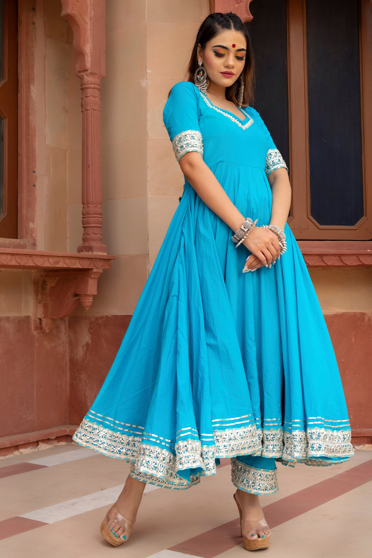 Pomcha Jaipur Kalamkari Blue Pure Cotton Anarkali Set | Swadesiicart