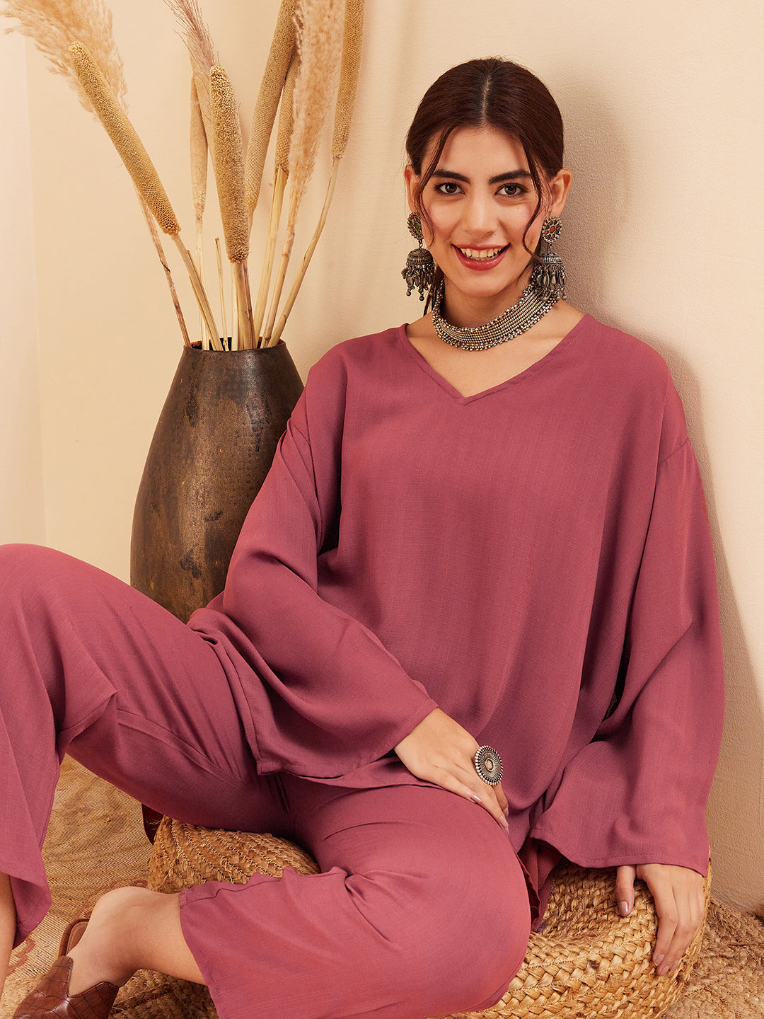 InWeave Women's Light Brown Full Sleeve Boho Top Bottom Set - Swadesiicart