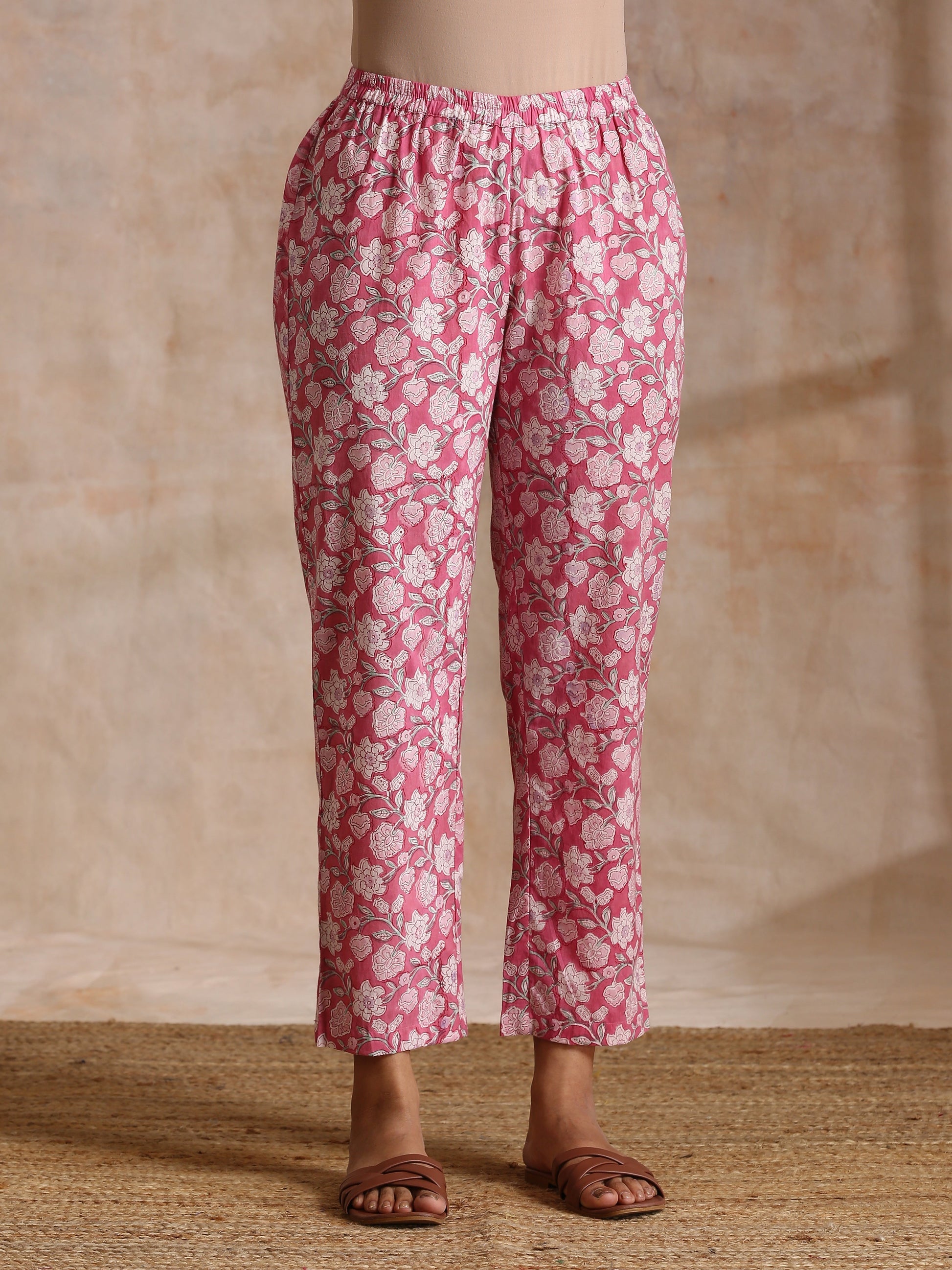 trueBrowns Pink Overall Floral Block Print Cotton Flared Kurta Pant Set | Swadesiicart