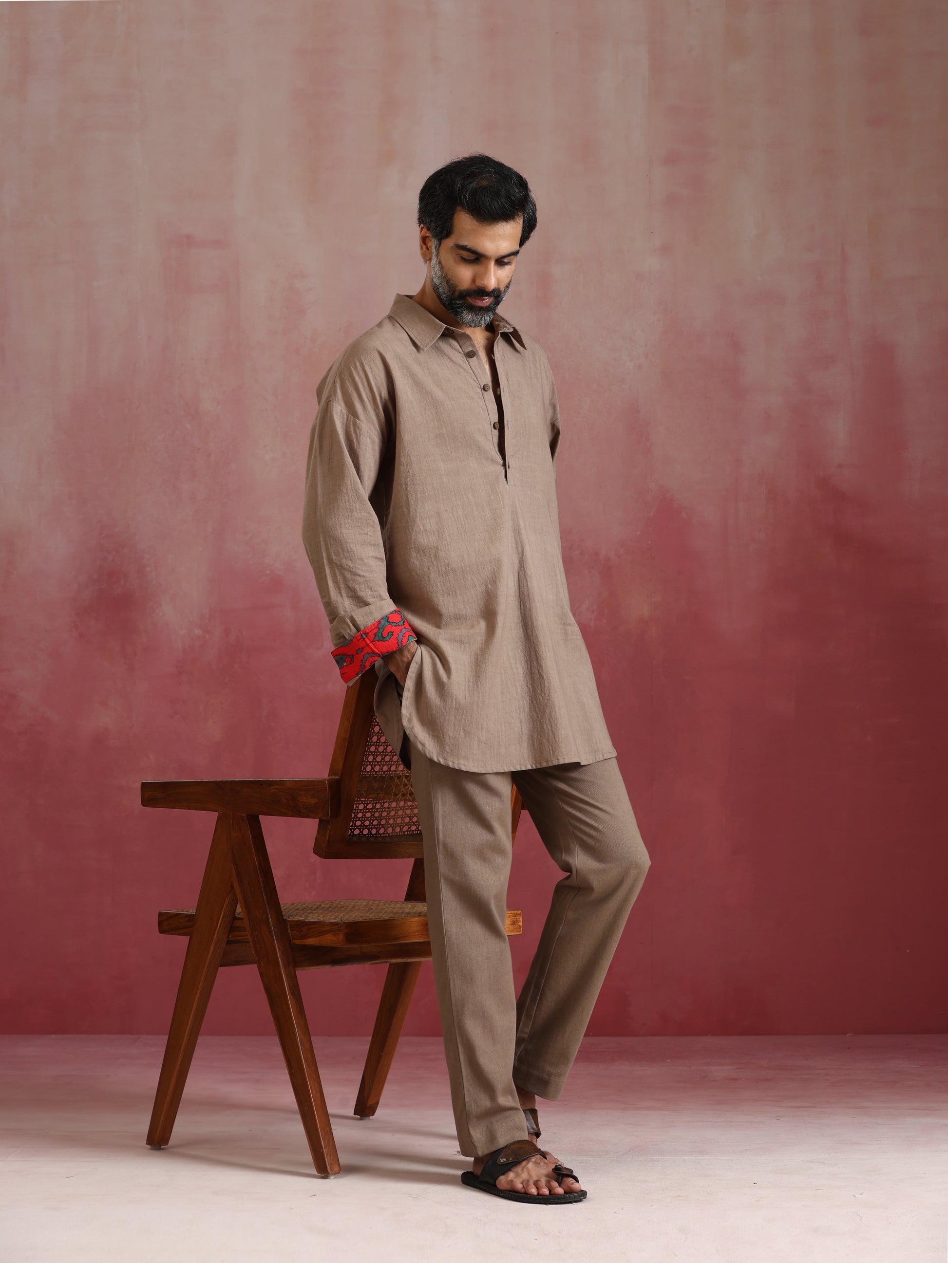 trueBrowns Men's Grey Cotton Shirt Collar Stylized Kurta Co-ord set - Swadesiicart