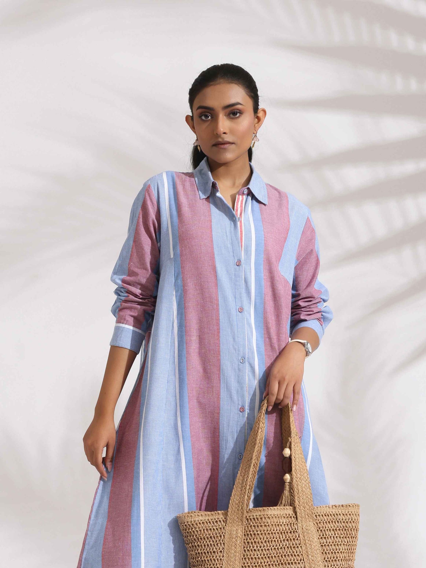 trueBrowns Blue Cotton Stripe Flared Shirt Dress | Swadesiicart