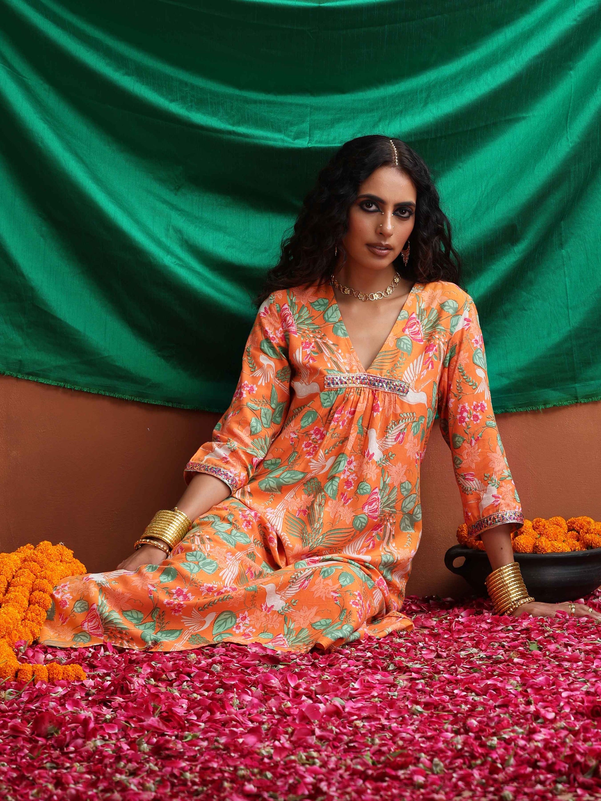 trueBrowns Orange Floral Print A-line Kurta Set | Swadesiicart
