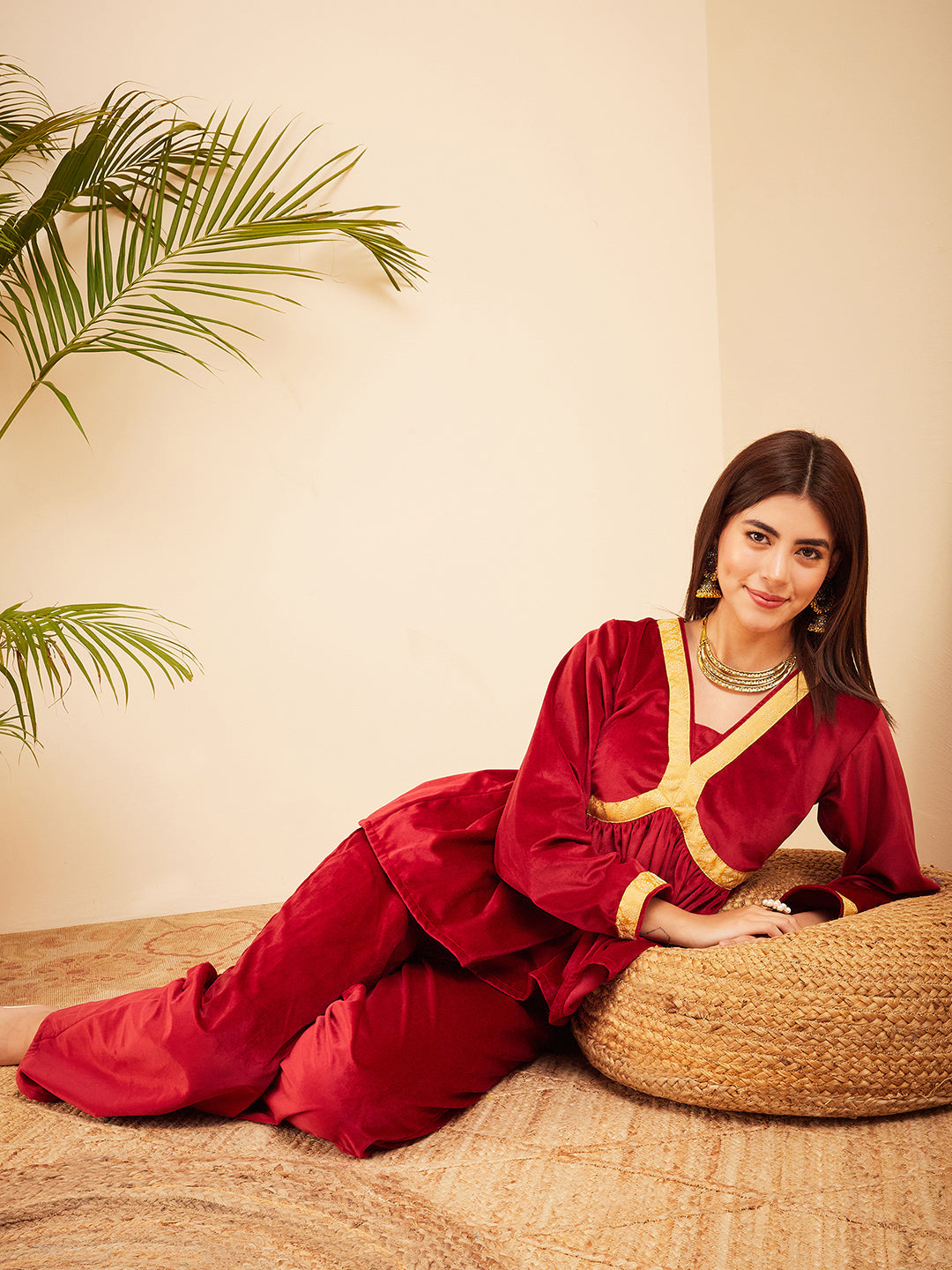 InWeave Women's Barn Red Mughal Shaan Style Velvet Short Kurta Set - Swadesiicart