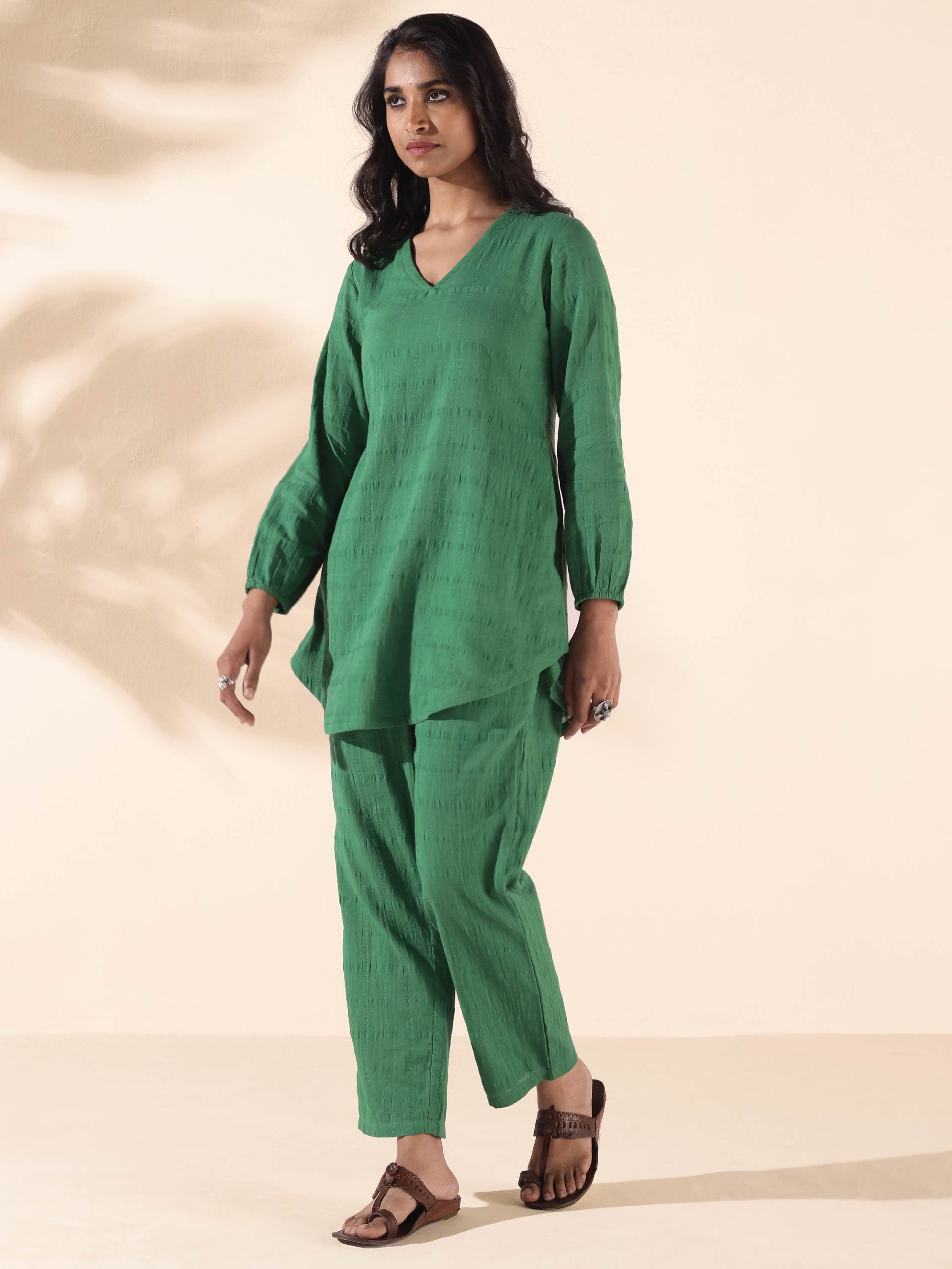 trueBrowns Green Cotton Dobby Relaxed Co-ord Set - Swadesiicart