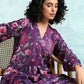 trueBrowns Wine Printed Velvet Neck Pleat Kurta | Swadesiicart