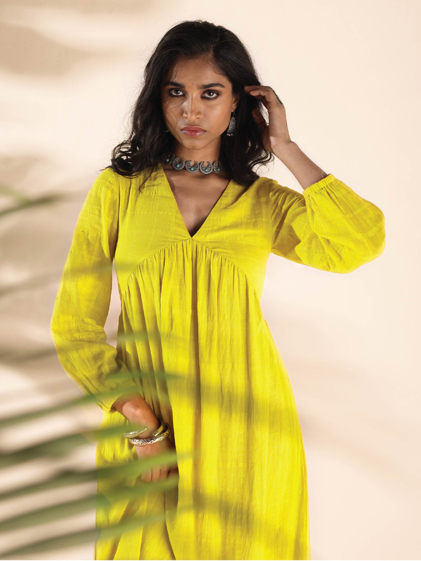 trueBrowns Lime Cotton Dobby Flared Dress | Swadesiicart