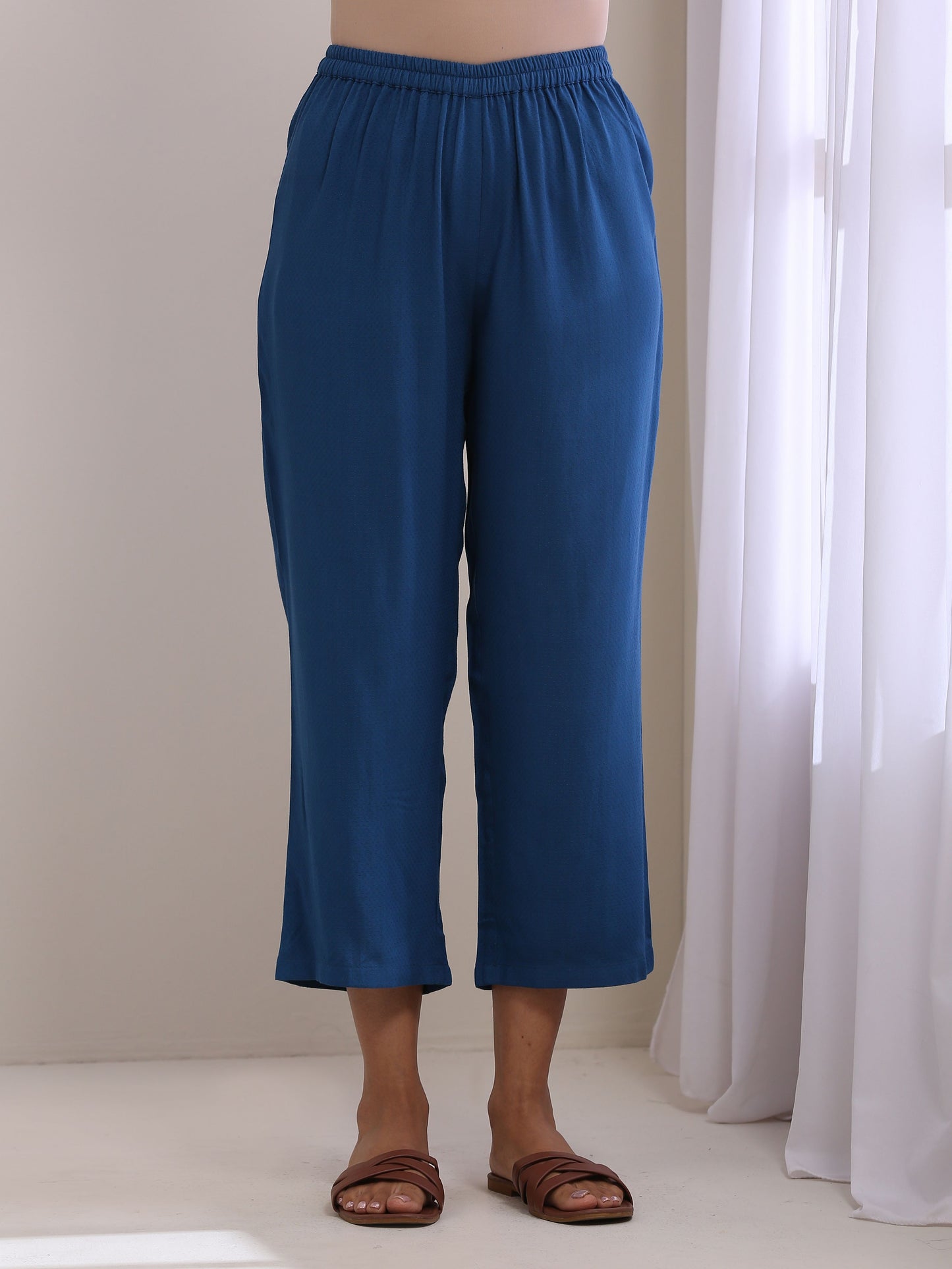 trueBrowns Classic Blue Dobby Pleated Co-Ord Set - Swadesiicart