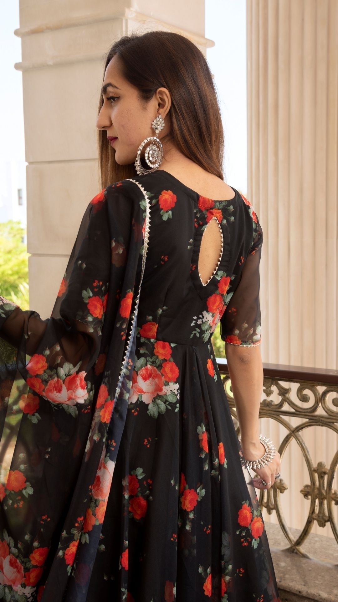 Pomcha Jaipur Red And Black Organza Anarkali Set | Swadesiicart