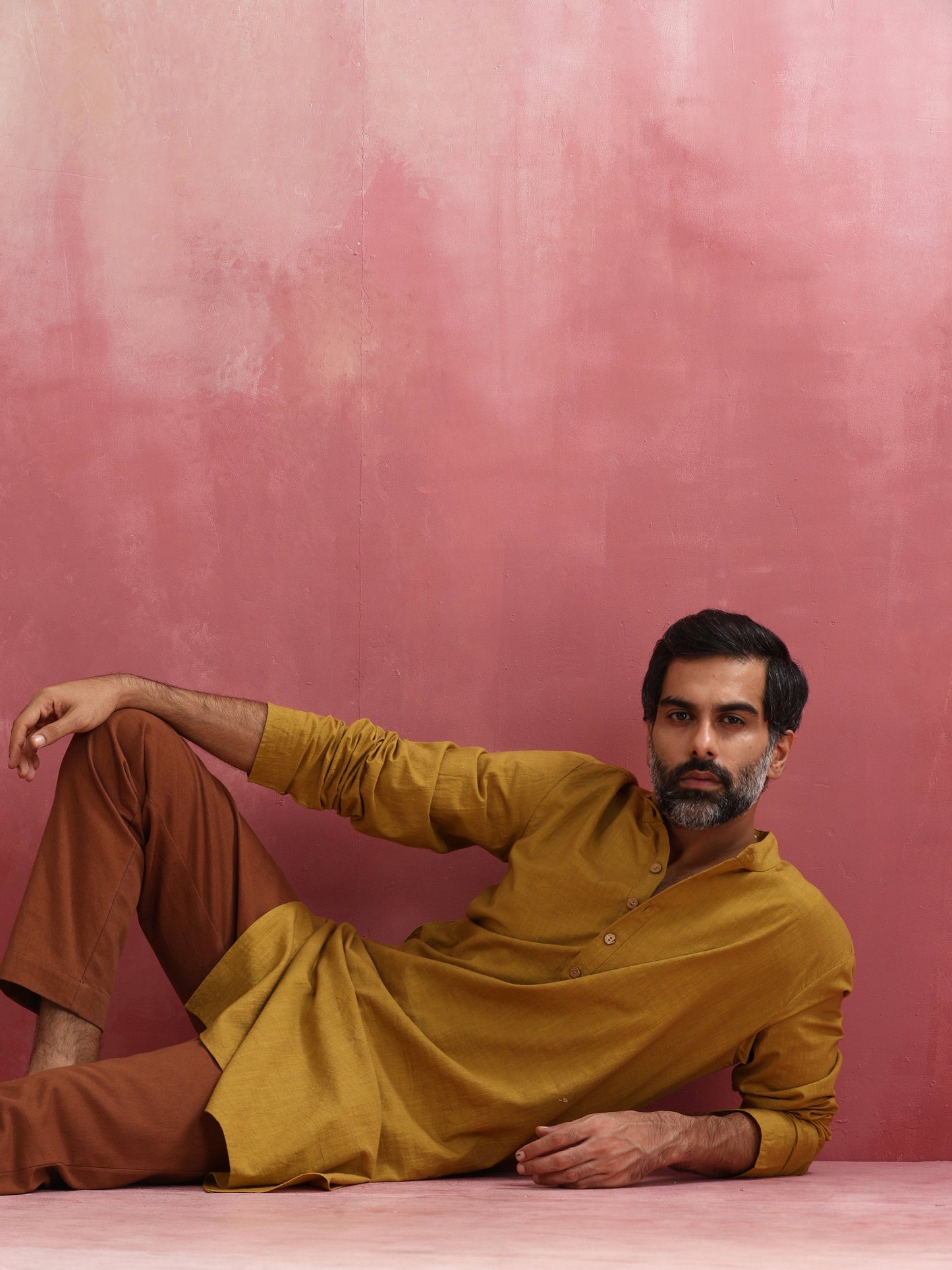 trueBrowns Men's Mustard Mandarin Collar Kurta | Swadesiicart