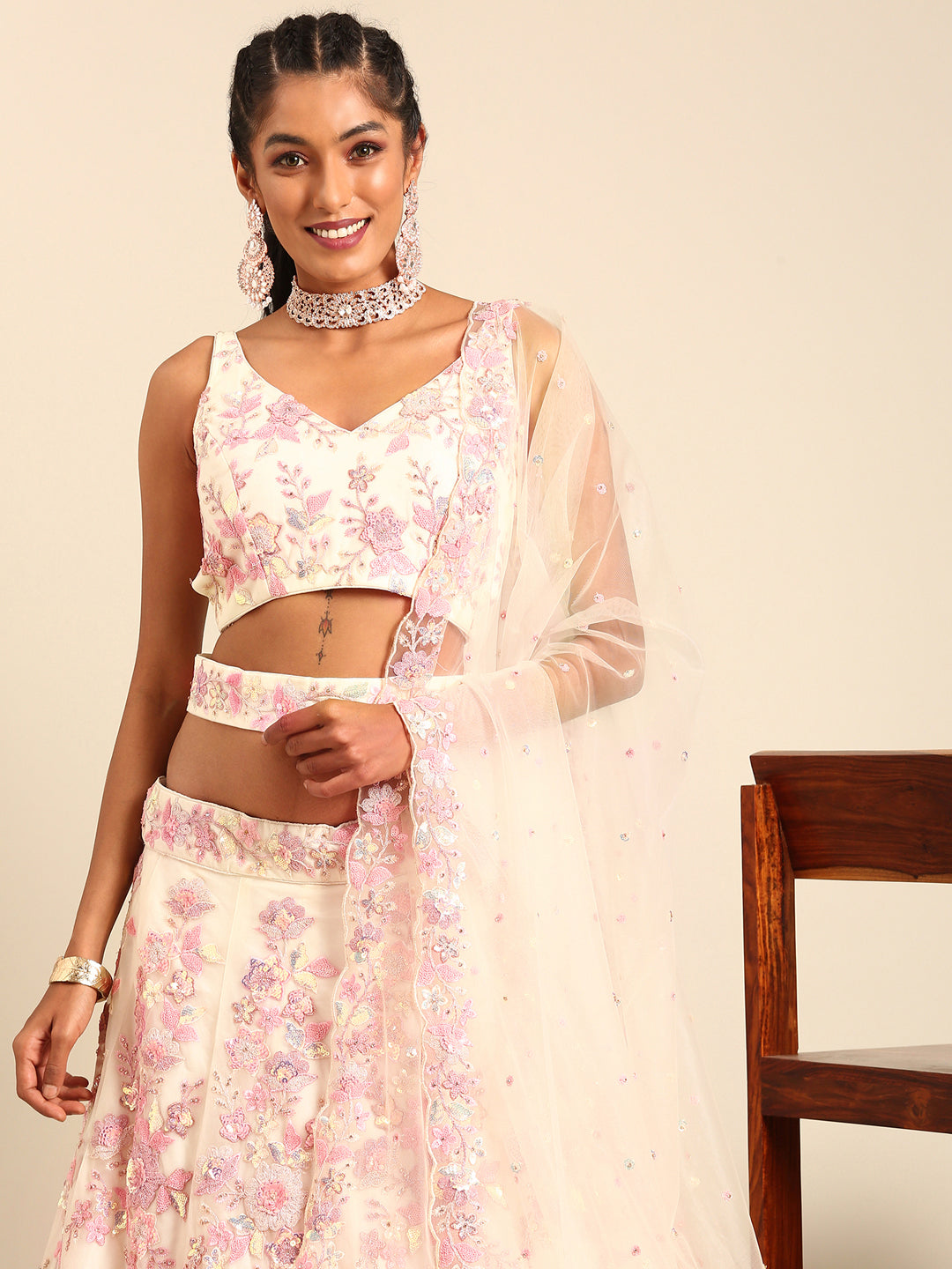 House of Panchhi Cream Net Sequins with heavy Zarkan embroidery Lehenga choli & Dupatta | Swadesiicart