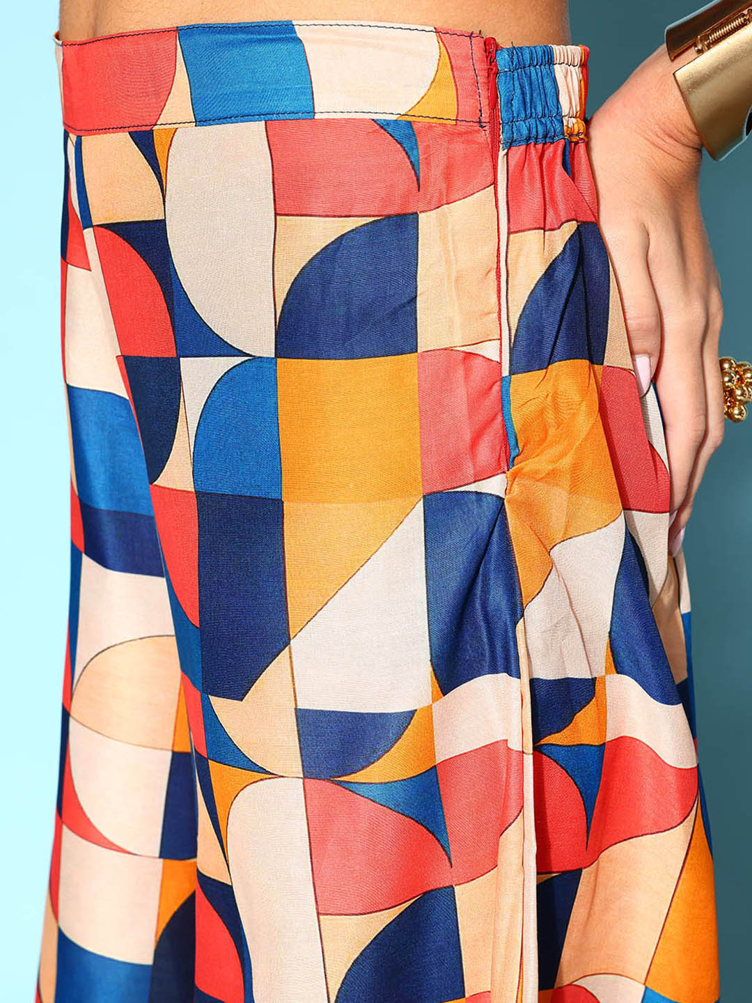 InWeave Women's Multi Geometric Print One Shoulder Top With Palazzo Set - Swadesiicart