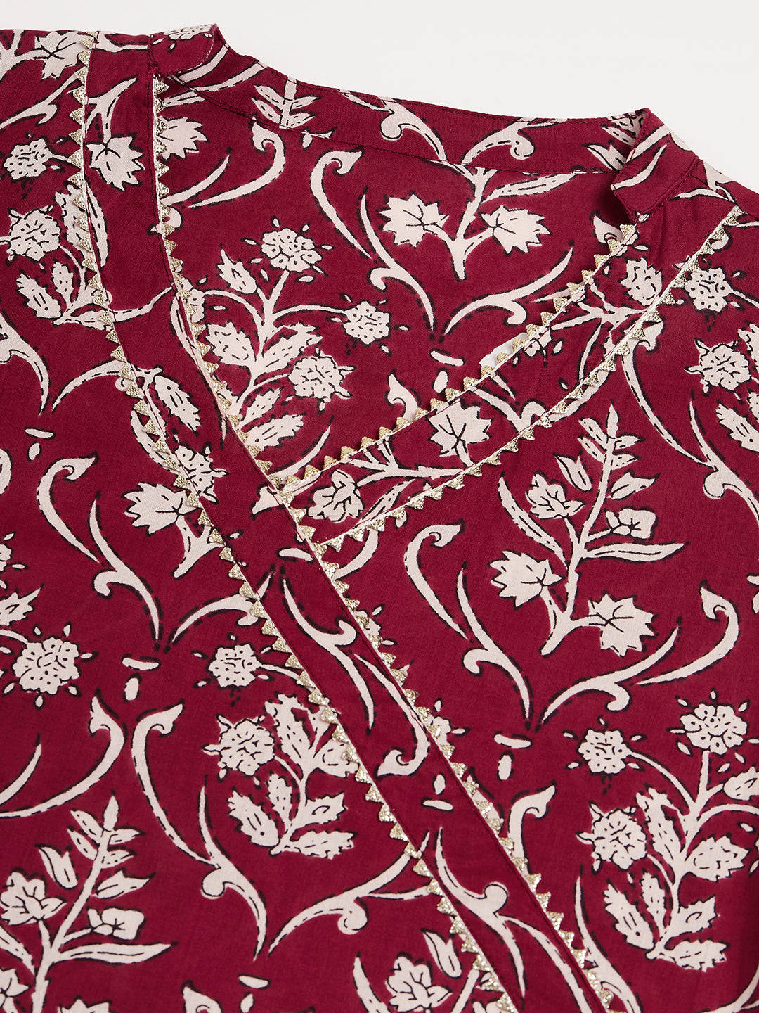 InWeave Women's Wine Floral Print Straight Angrakha Gota Kurta - Swadesiicart