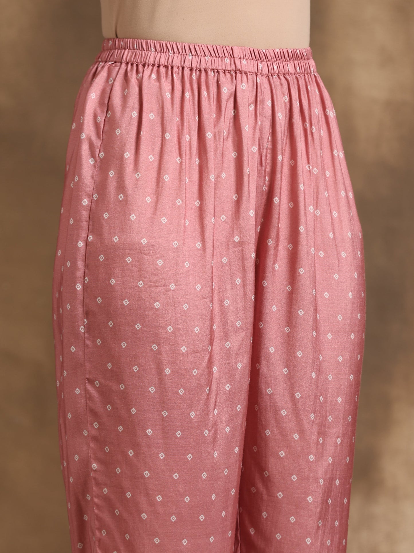trueBrowns Light Mauve Bandhani Printed Silk Angrakha Kurta Pant Set | Swadesiicart