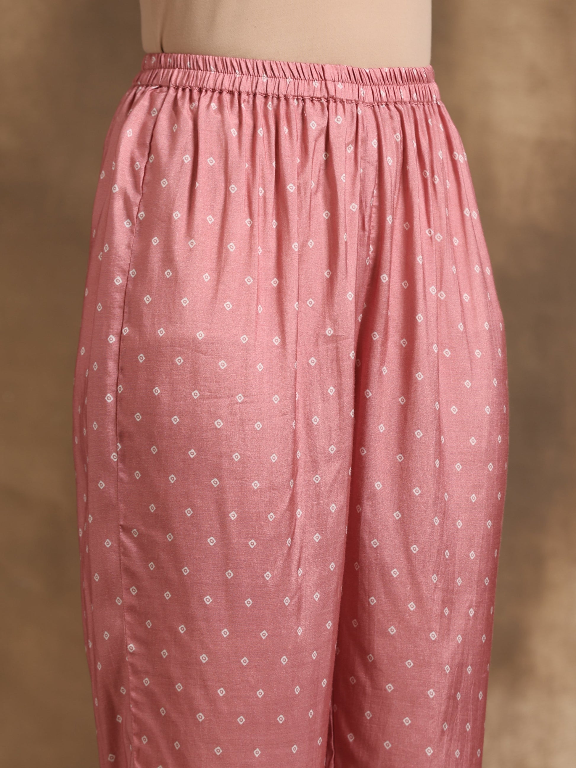 trueBrowns Light Mauve Bandhani Printed Silk Angrakha Kurta Pant Set | Swadesiicart