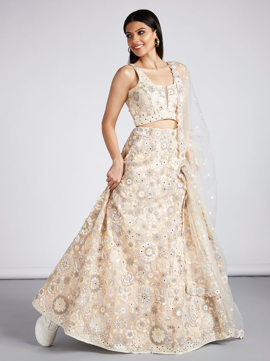 House of Panchhi Cream Net Sequins, Mirror And Thread Embroidery Lehenga Choli & Dupatta | Swadesiicart