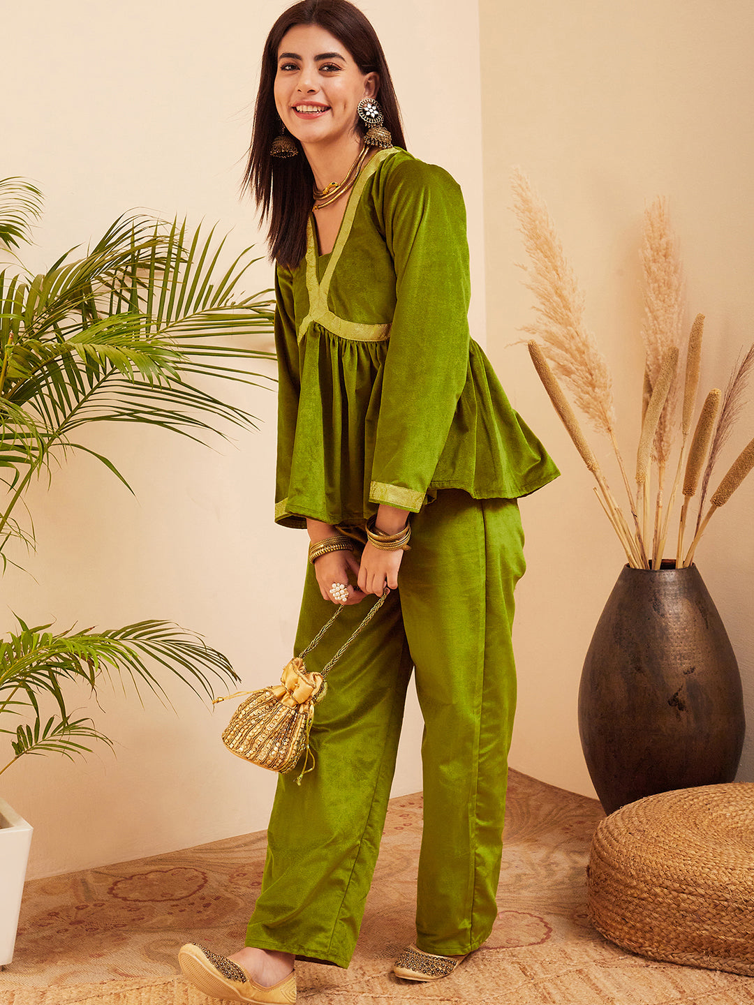 InWeave Women's Olive Mughal Shaan Style Velvet Short Kurta Set - Swadesiicart