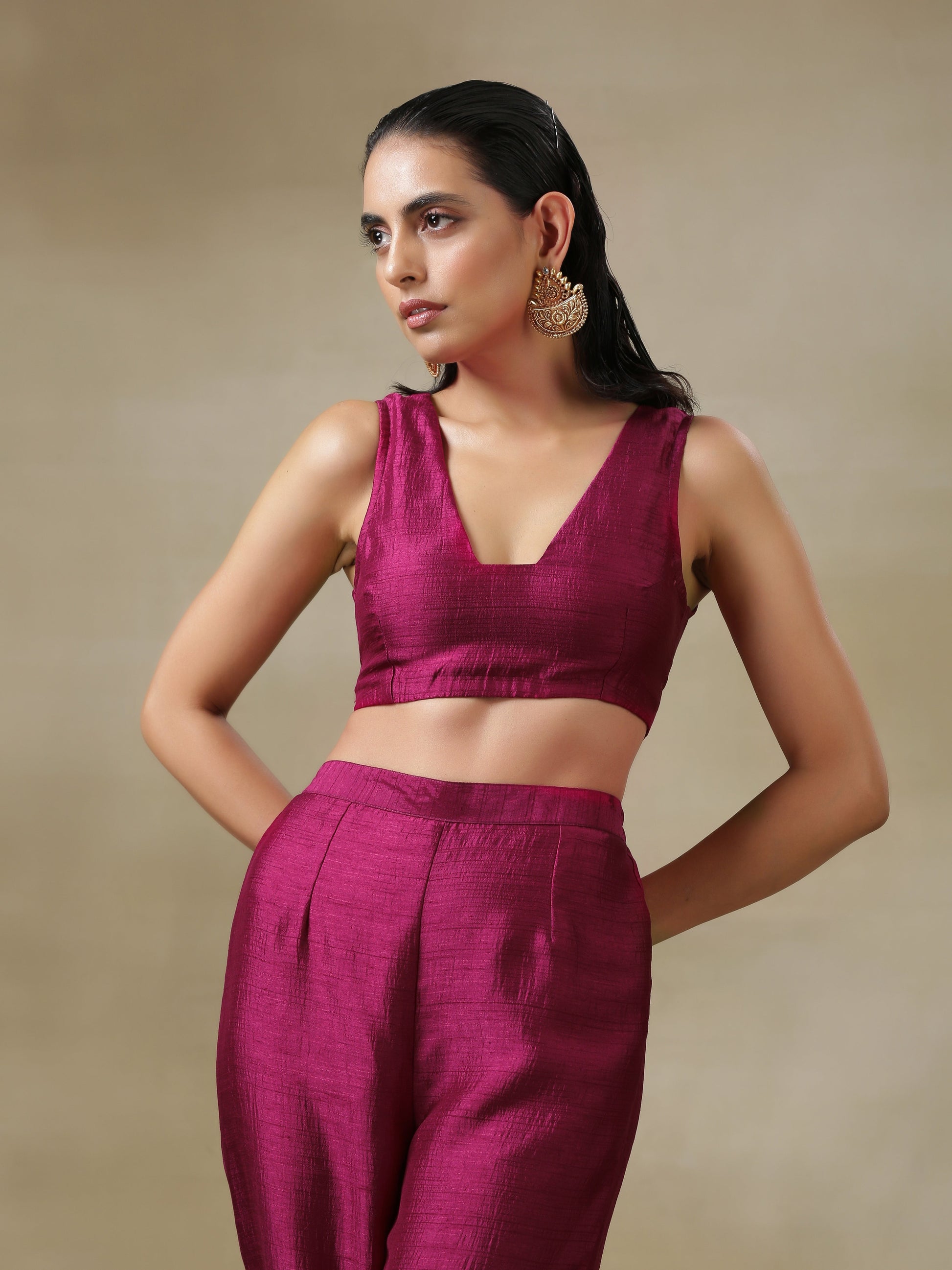 trueBrowns Purple Textured Silk Overlay Jacket Blouse Pant Set | Swadesiicart