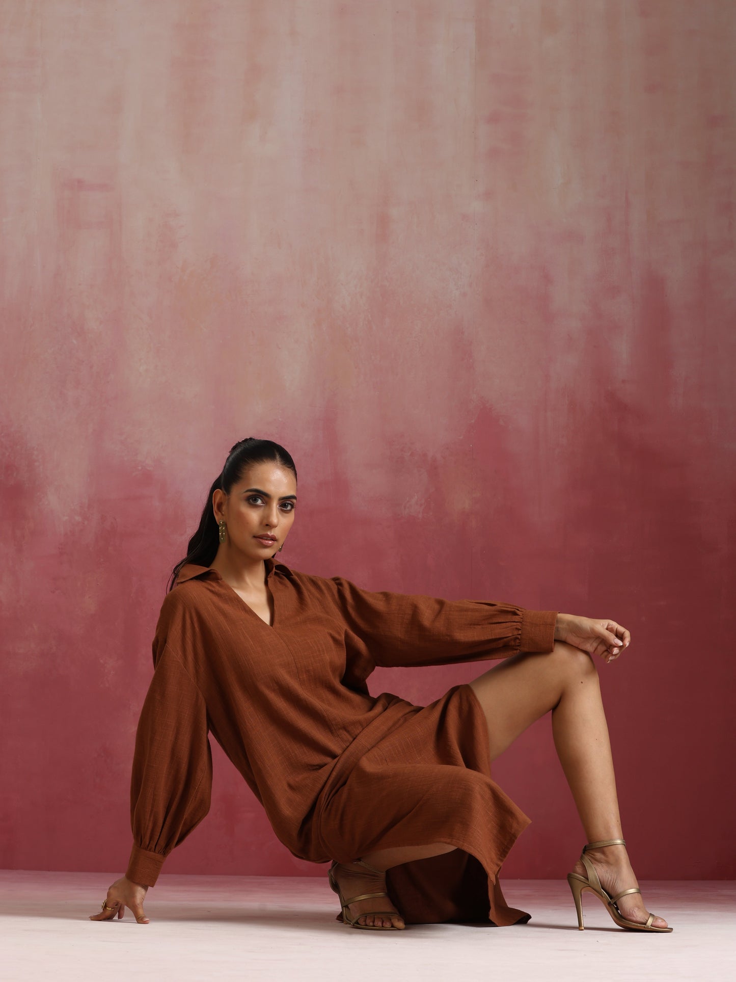 trueBrowns Brown Cotton Dobby Dress | Swadesiicart