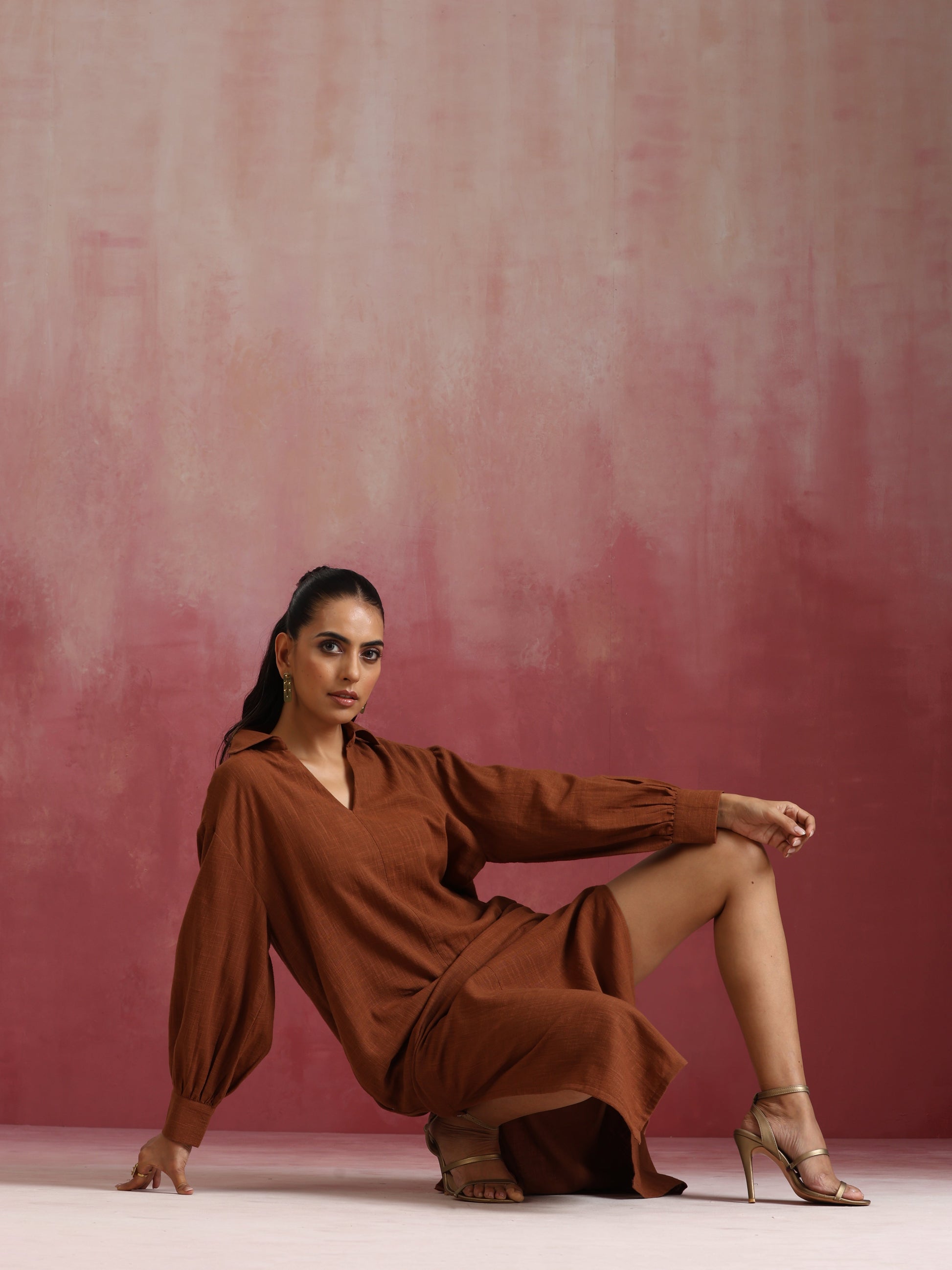 trueBrowns Brown Cotton Dobby Dress | Swadesiicart