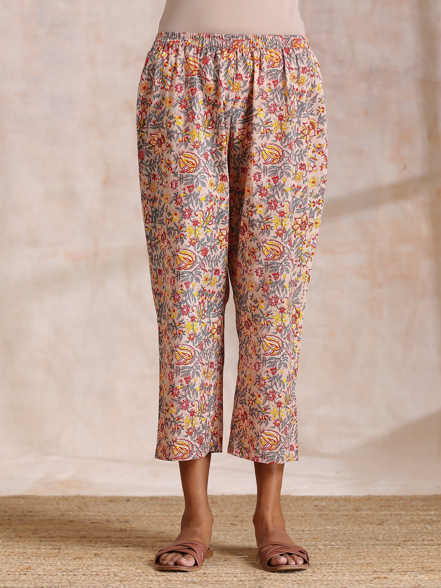 trueBrowns Multicolor Beige Overall Floral Block Print Cotton Kaftan Co-Ord Set - Swadesiicart